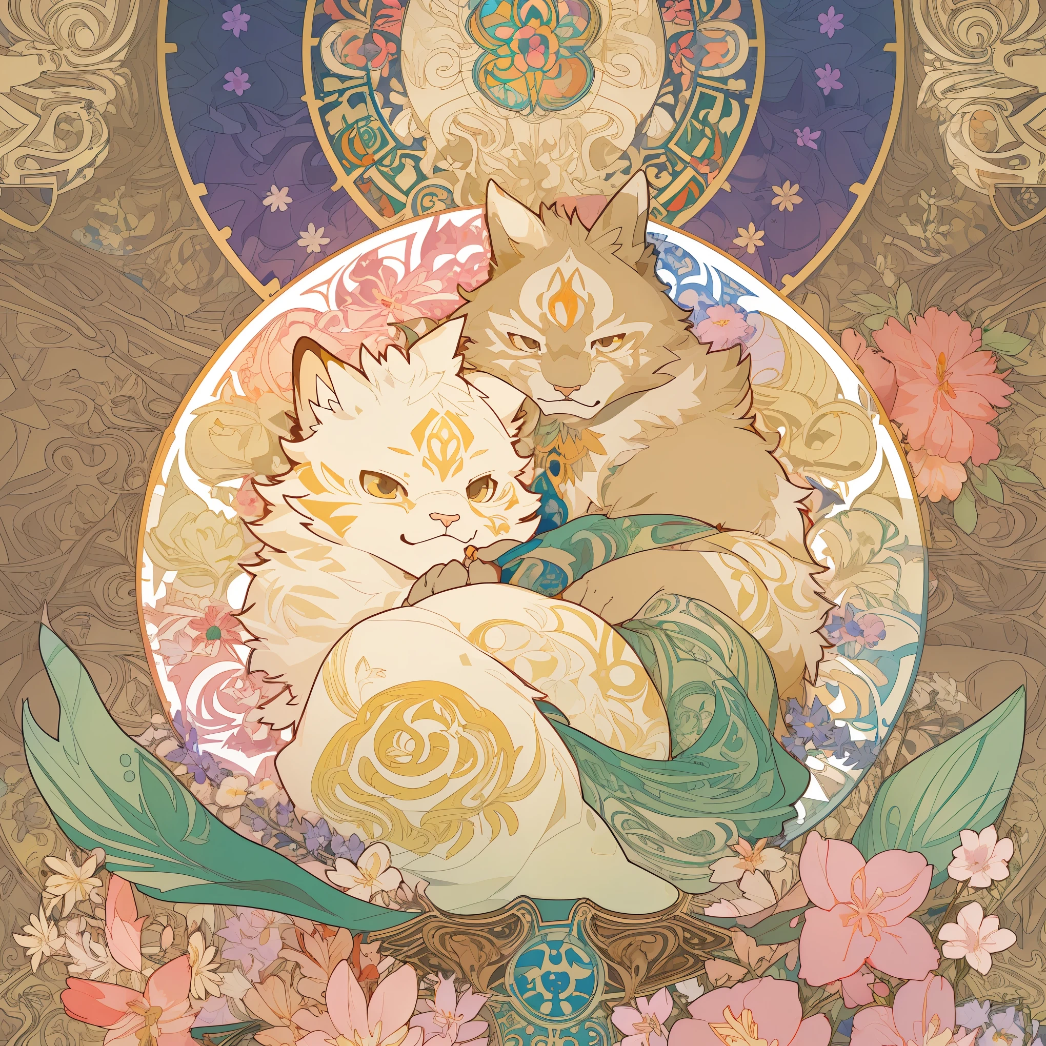 top quality, best quality, kaleidoscope, rzminjourney, vector-art, High-quality illustrations by Alfons Mucha, masterpiece(kemono, furry anthro)logo mark, round, colorful flower,