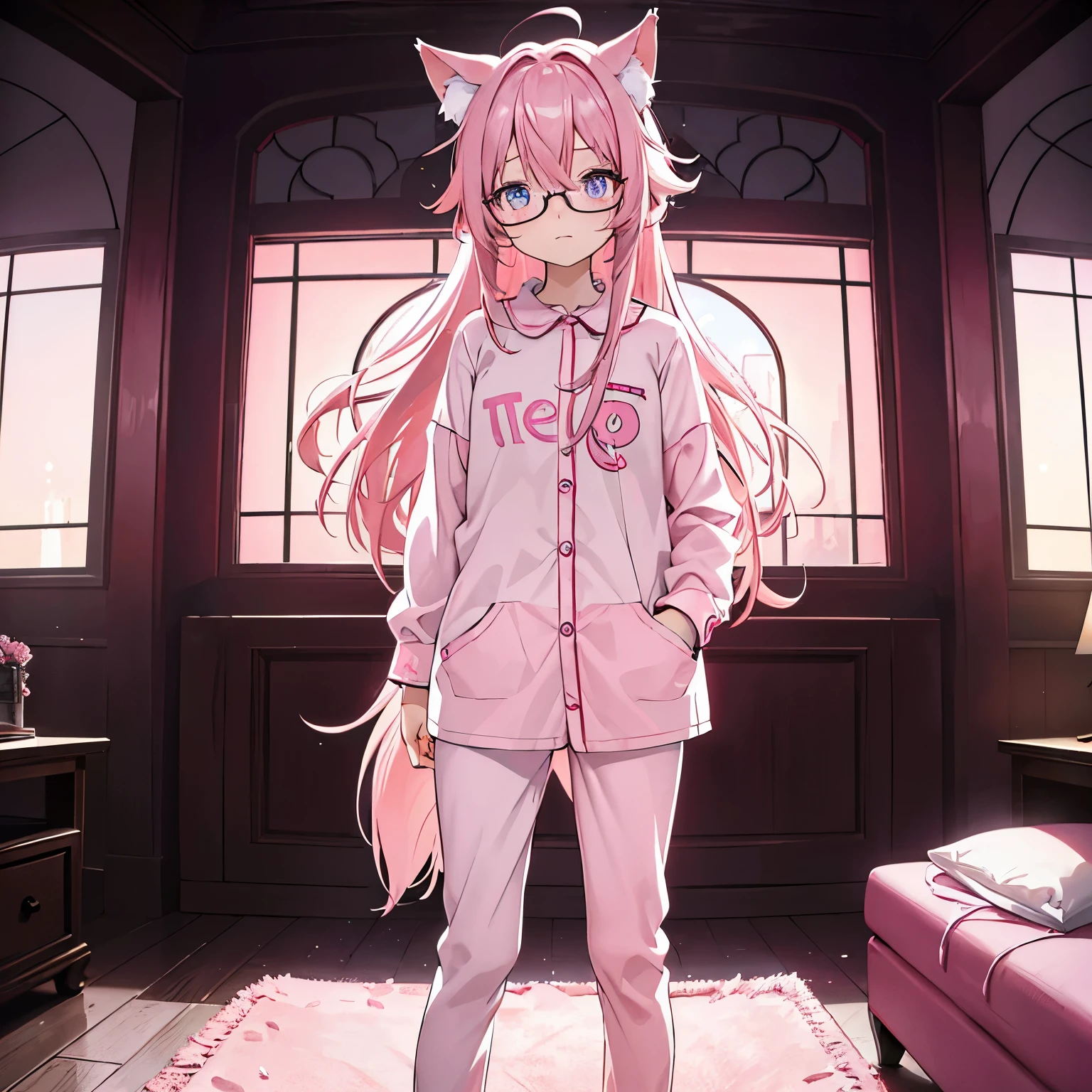 (best quality, realisitc:1.37, 4k, vivid colors, ultra-detailed), anime style, pink-haired girl with pink wolf ears and pink pupils, wearing pink pajamas, standing with hands in pockets, in a well-lit living room.wear glasses,perspective,Calm expression,night