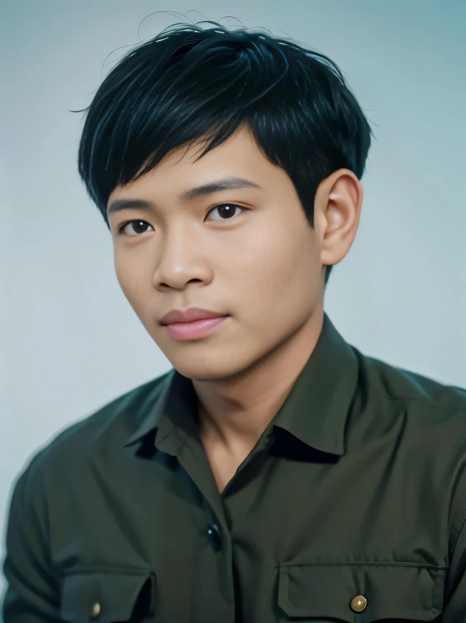 Highly realistic photo, ((masterpiece), (best quality), (raw photo), (photorealistic:1.4), Portrait of Vietnamese man, 25 years old, ((black hair)), ((green uniform shirt)), ((light blue background)), photo taken by Sony A7IV
