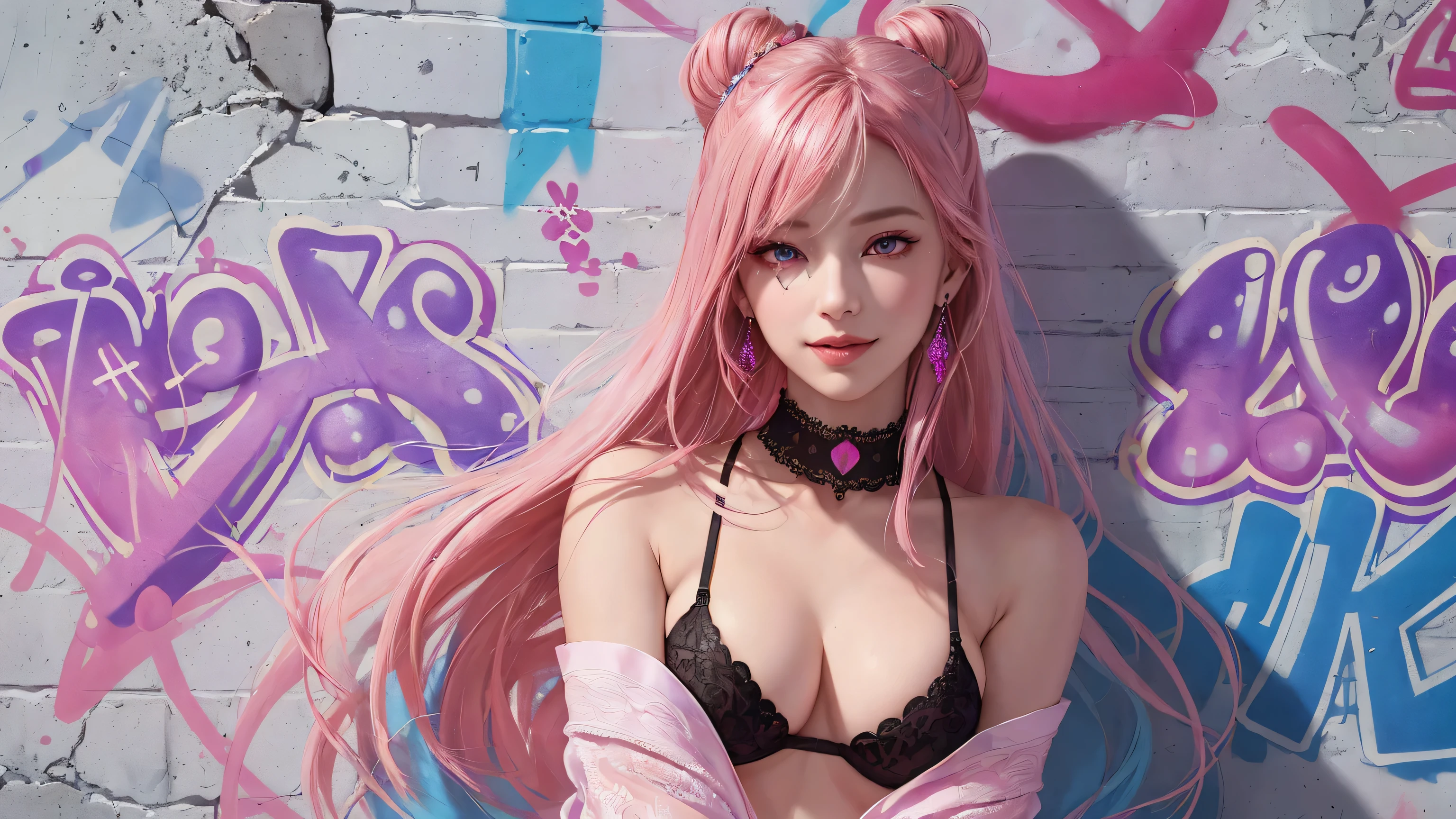 (Masterpiece, best quality, 1 girl, alone, complicated details, Chromatic aberration), realistic, ((Moderate breath)),long hair, pink hair, Red headpiece, Pink Highlights, hair on one eye,purple eyes, earring, sharp eyes, choker, Neon coat, She wears a collar, bangle, and kimono style garters., crop top, (symmetrical eyes),(Perfect symmetrical body),against the wall, Brick wall, (colorful graffiti words on the wall:1.2), The light is dim., alley ,Look at the viewer.、Dig the chest、smile、(sleeveless、The navel is exposed、Fitted turtleneck.)、street string hot pants、Thin bottom、Please build above the eaves..、Thin shoulders、in underwear、