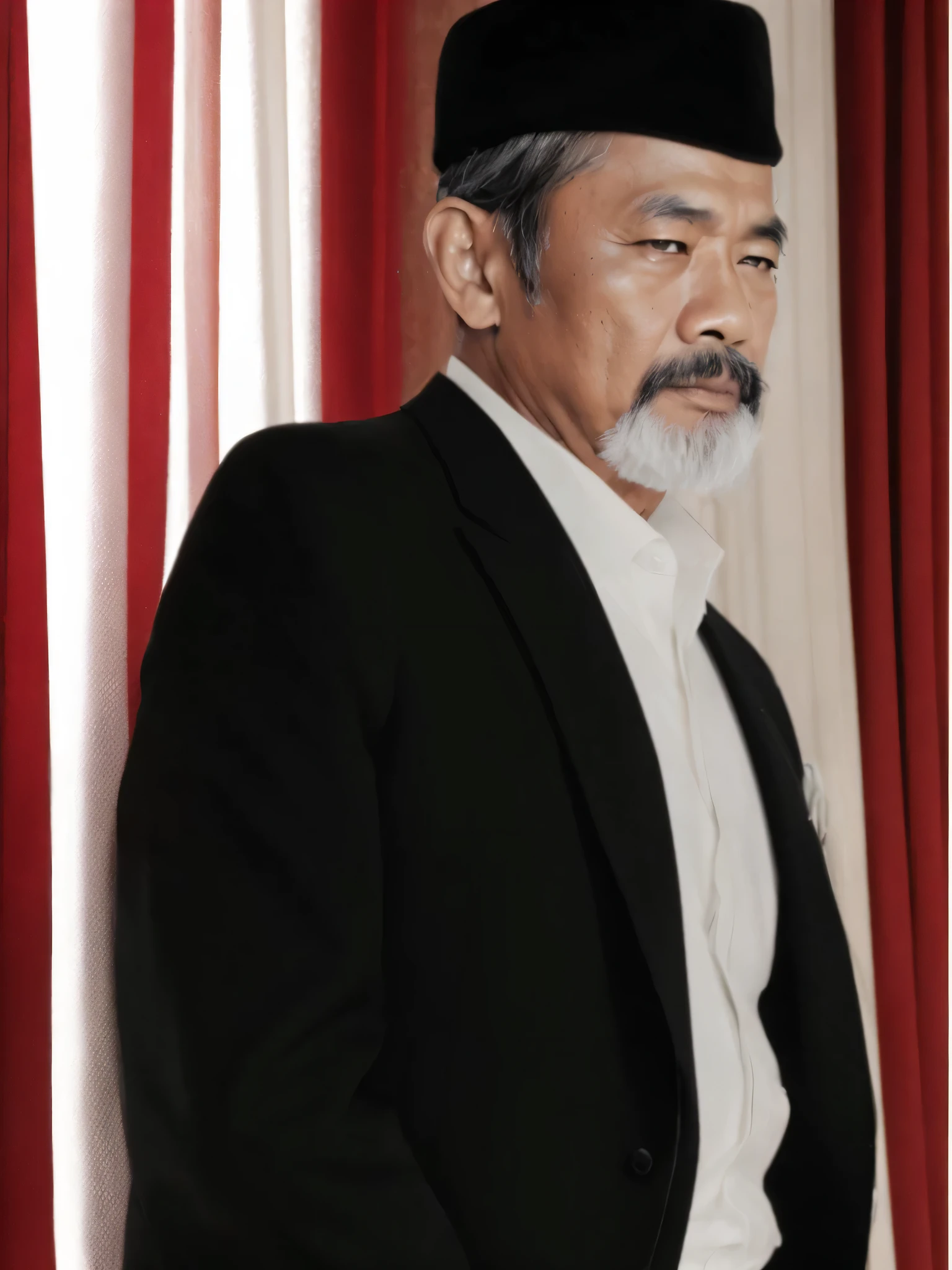 high quality, best quality, photo-realistic, raw-photo, ultra-detailed, High definition, masterpiece, intricate details, detailed texture, finely detailed, 80s photos, portrait a 50 year old man from Indonesia, black cap, black suit, white shirt,