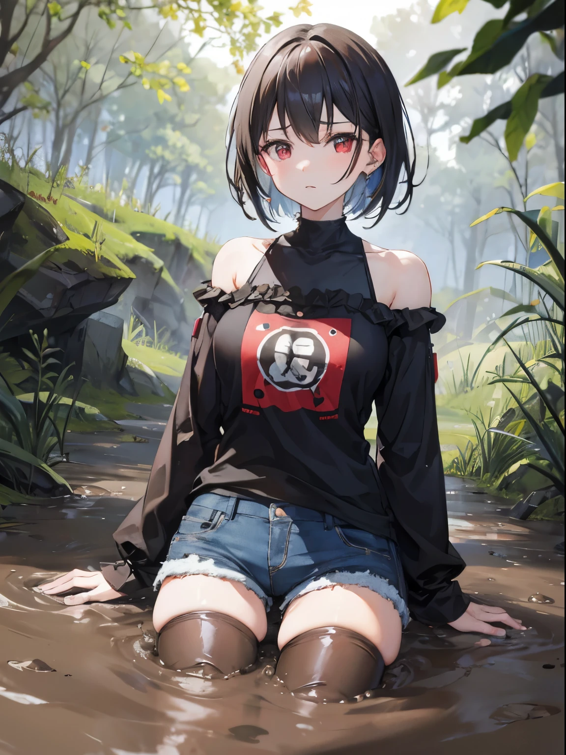 (best quality,4k,highres:1.2)1 girl, gray short hair, red eyes, furrowed brows, wearing a black long-sleeved top with bare shoulders, denim shorts, black boots, struggling in a muddy swamp, legs trapped in the mud, covered in mud, with a expression of despair