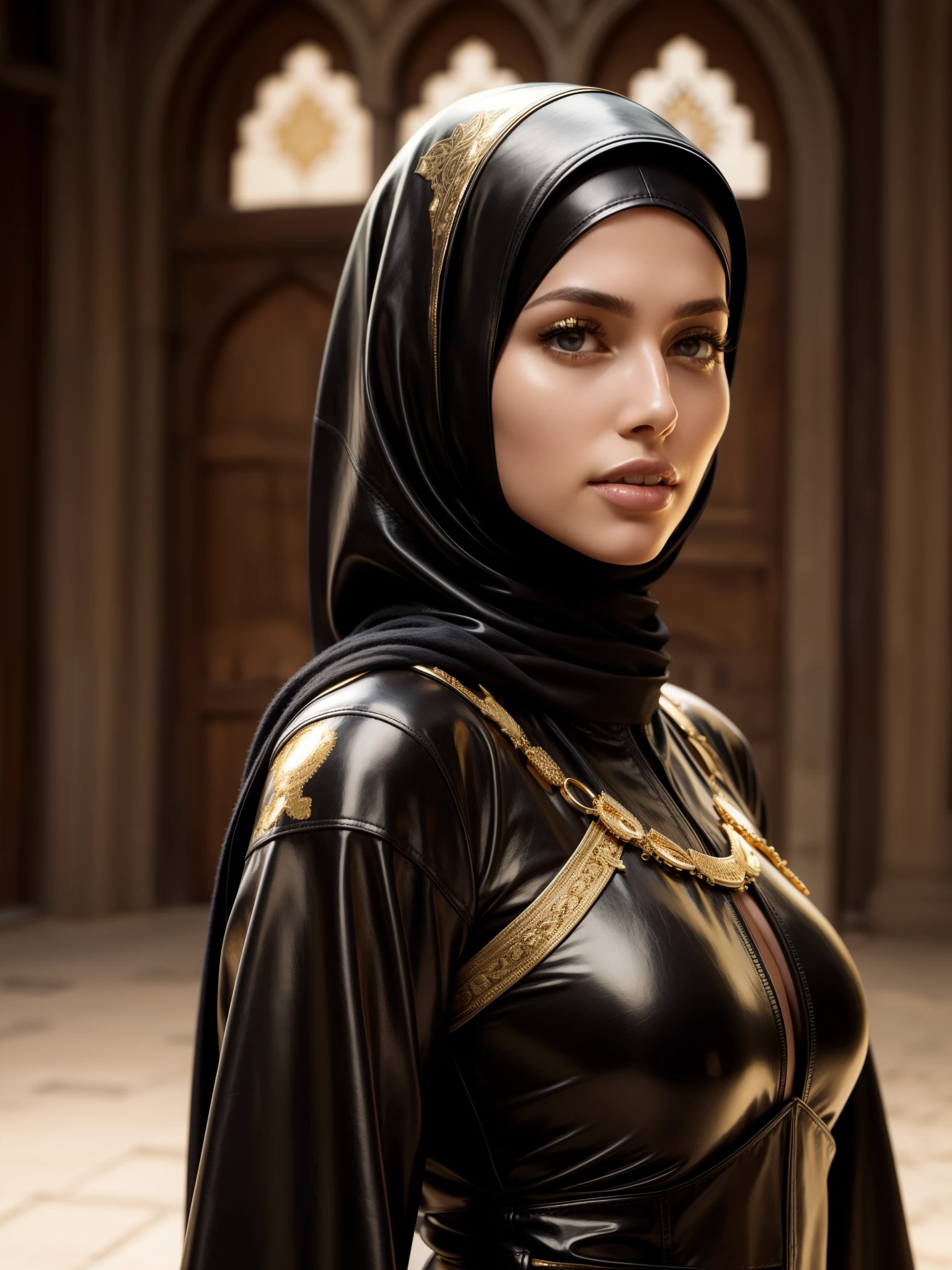 gorgeous woman, professional, (4k photo) by (Jeremy Lipking:0.3), (Dittmann Anna:0.3), (Arian Mark:0.3), (Sharp focus:1.3), (beautiful woman:1.3), wearing (leather hijab, leather abaya with intricate gold details:1.2), perfect make-up, striking, mesmerizing eyes, beautiful detailed face, standing in an arabian medieval marketplace