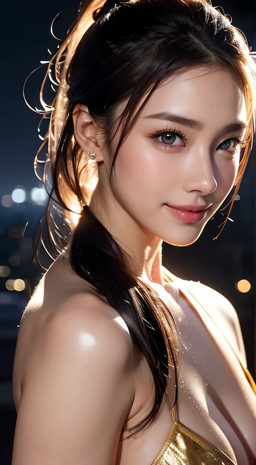 Beautiful woman，body portrait、8K，fine and beautiful eyes，Dindal effect、masterpiece, 最high quality, high quality, High resolution、very detailed写真、(natural skin texture、fine skin、hyper realism、Super sharpness)、high detail skin、(very detailed、fine skinの質感、intricate details、beautiful face、(lifelike face)、realistic eyes、beautiful and detailed eyes、ponytail、real looking skin、beautiful skin、big breasts、G cup、glamorous、shiny skin、oily muscles、take a shower in the bathroom、surreal、very detailed、golden ratio、with smiling eyes、((night moonlight background))、body portrait