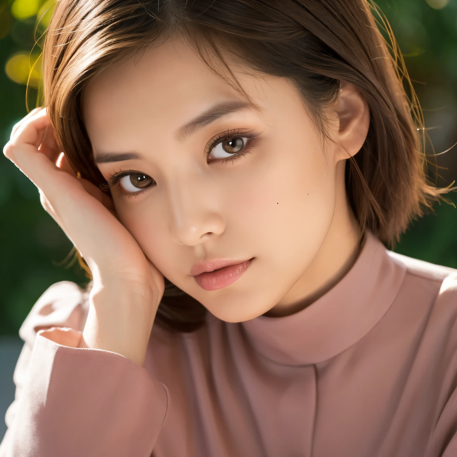(surreal), (figure), (High resolution), (8K), (very detailed), (美しくfine eyes), (best quality), (super detailed), (masterpiece), (detailed face), only, Upper body, focus on face, 1 female, short brown hair,Asian, fine eyeshadow, fine eyes, brown eyes, small mole under the eye, long sleeve shirt, neck bow,  medium breasts, pinafore dress, pose with your hand on your chin, Moderate lighting, little or no scarring on the skin