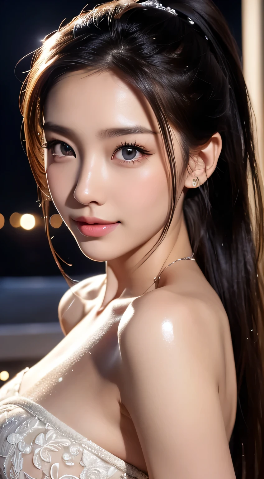 Beautiful woman,body portrait、8K,fine and beautiful eyes,Dindal effect、masterpiece, 最high quality, high quality, High resolution、very detailed写真、(natural skin texture、fine skin、hyper realism、Super sharpness)、high detail skin、(very detailed、fine skinの質感、intricate details、beautiful face、(lifelike face)、realistic eyes、beautiful and detailed eyes、ponytail、real looking skin、beautiful skin、big breasts、G cup、glamorous、shiny skin、oily muscles、take a shower in the bathroom、surreal、very detailed、golden ratio、with smiling eyes、((night moonlight background))、body portrait