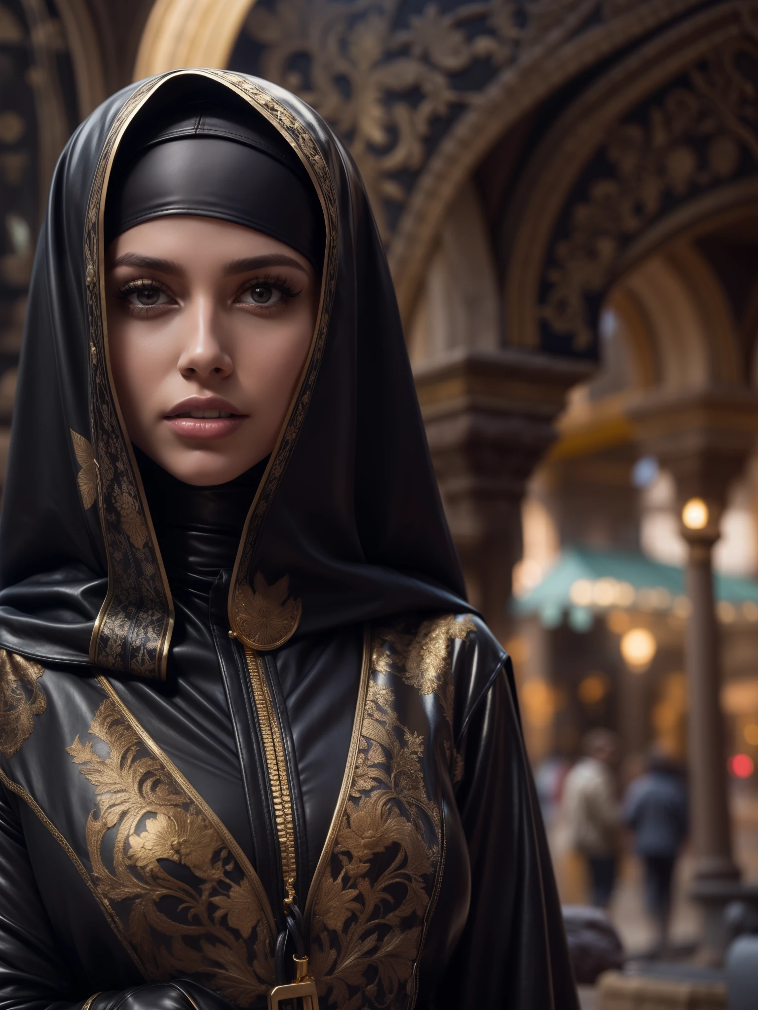 gorgeous woman, professional, (4k photo) by (Jeremy Lipking:0.3), (Dittmann Anna:0.3), (Arian Mark:0.3), (Sharp focus:1.3), (beautiful woman:1.3), wearing (leather hijab, leather abaya with intricate gold details:1.2), perfect make-up, striking, mesmerizing eyes, beautiful detailed face, standing in an arabian medieval marketplace