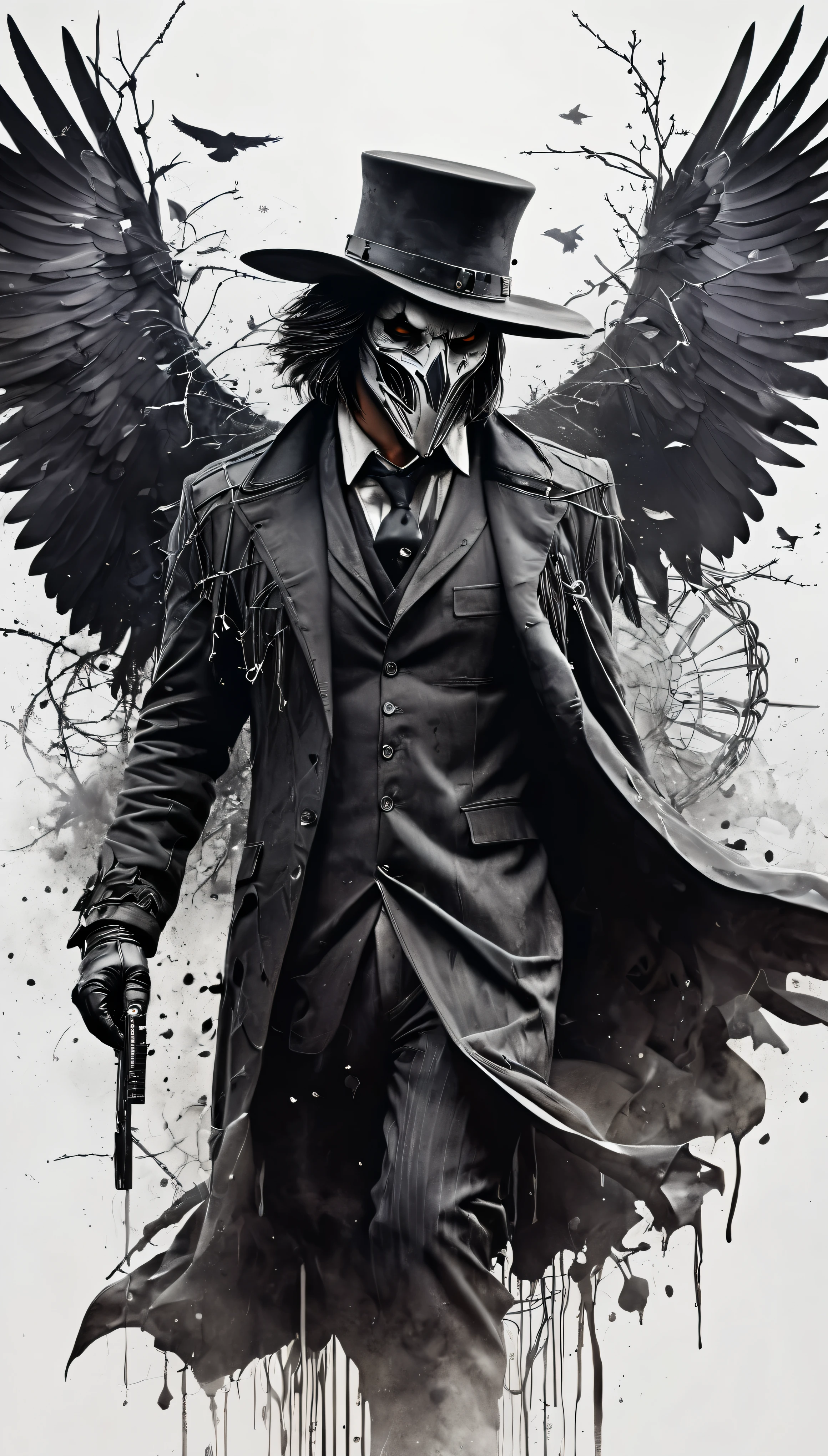 Vektor Create an exquisite ink painting on white paper that is the perfect multi-exposure work of art. This piece was intended to combine the volume-shaded of a Raven and a scarecrow and barbed wire. Hyper realistic.Tattoo style, paint splash, colors in white ,black and white , cinematic, illustration, painting, photo, poster, dark fantasy