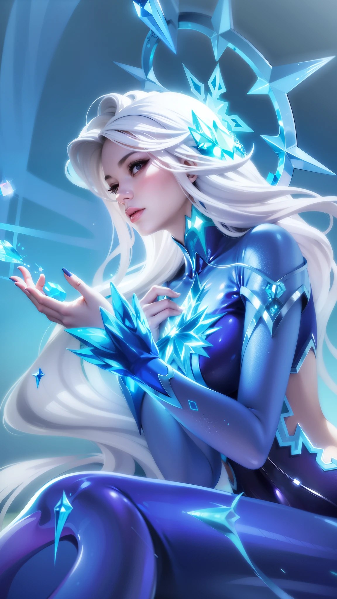 (8k, RAW photo, photorealistic:1.25) , woman - style illustration of a woman dressed in blue sitting on a ledge, ice sorceress, queen of ice and storm, ice mage, crystalline skin, ice queen, ig model | artgerm, ice spell, beautiful celestial mage, beautiful ancient frost witch, extremely detailed artgerm, crystal maiden, elsa, ! dream artgerm, icey