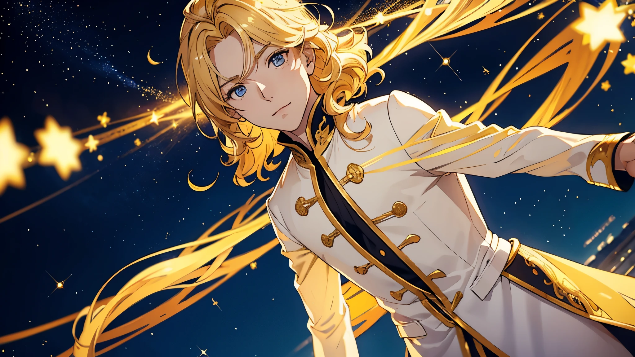 garoto, flowing golden blonde hair, olhos amarelos, roupa imperial dourada, decote, anime, the background is a clear sky with twinkling lights, dynamic angle, risada fofa