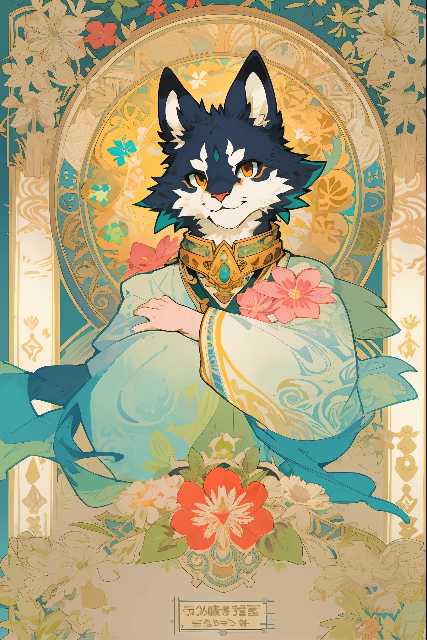 top quality, best quality, kaleidoscope, rzminjourney, vector-art, High-quality illustrations by Alfons Mucha, masterpiece(kemono, furry anthro)logo mark, round, colorful flower,