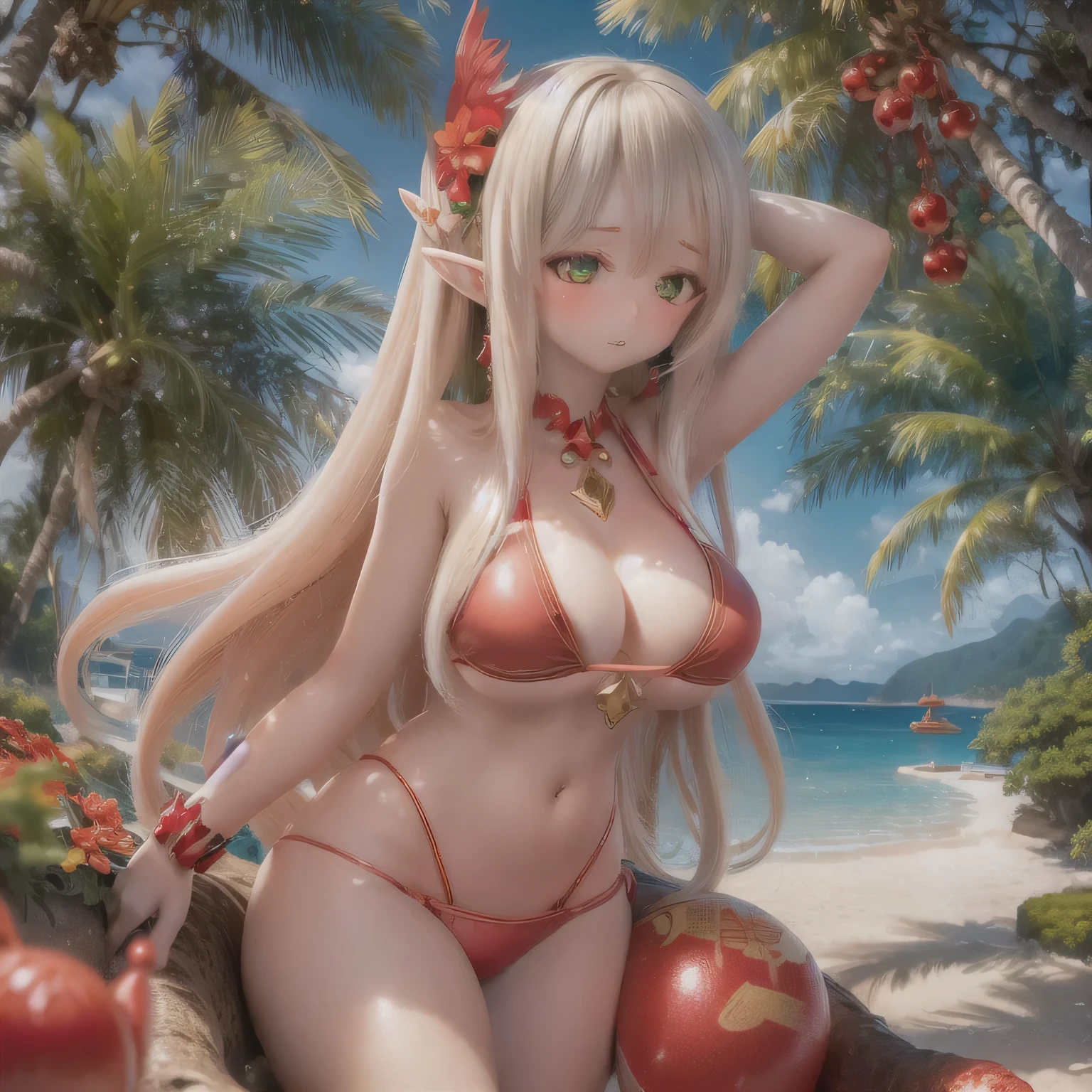 (hIgh qualIty, realIstIc), goblin ((((((red color bIkInI)))))))I, vIbrant colors, tropIcal paradIse, beautIful detaIled eyes, long flowIng haIr, golden tan skIn, sparklIng ocean background, sun-kIssed glow, exotIc flowers, palm trees swayIng In the breeze,, clear water, refreshIng sea breeze, summer paradIse vIbes. (((gIgantIc breast)))(((beautIful breasts)))