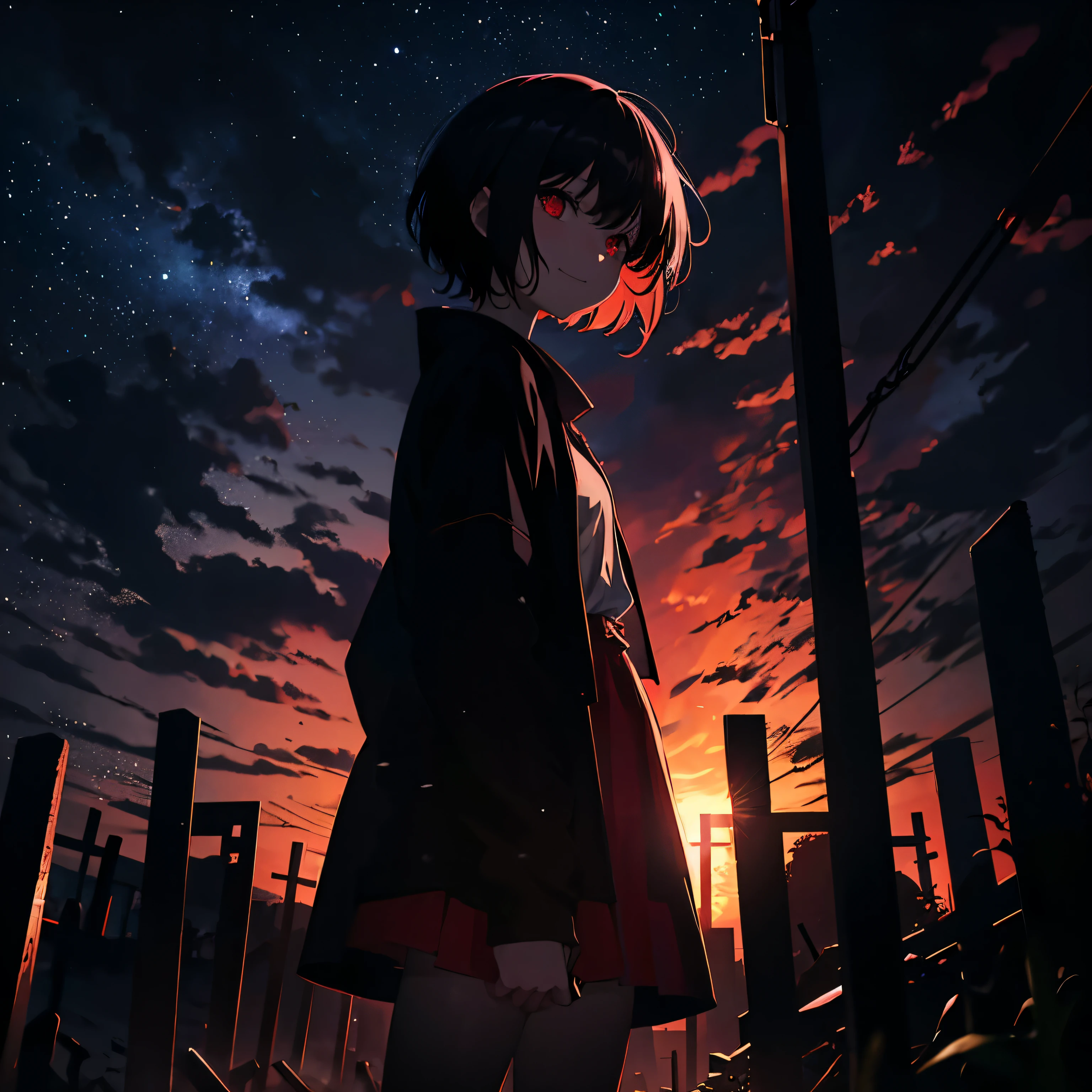 anime horror scene, A girl holding a shovel, short hair, crazy smile, crazy red eyes, Standing outside the cemetery at night, The star on the sky, Shoot from below, best quality, Super sharp lines, Saturated, 8K