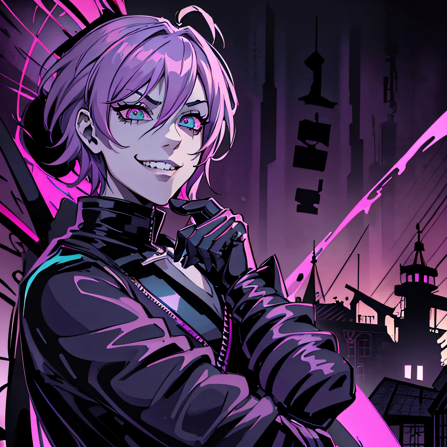 Hazbin Hotel style. Girl with short pink hair and turquoise eyes, wearing a black leather jacket and a purple top, and black leather pants. A creepy grin on his face. An atmosphere of chaos, horror, Beauty. Background destroyed hellish city. Dynamics, крутость