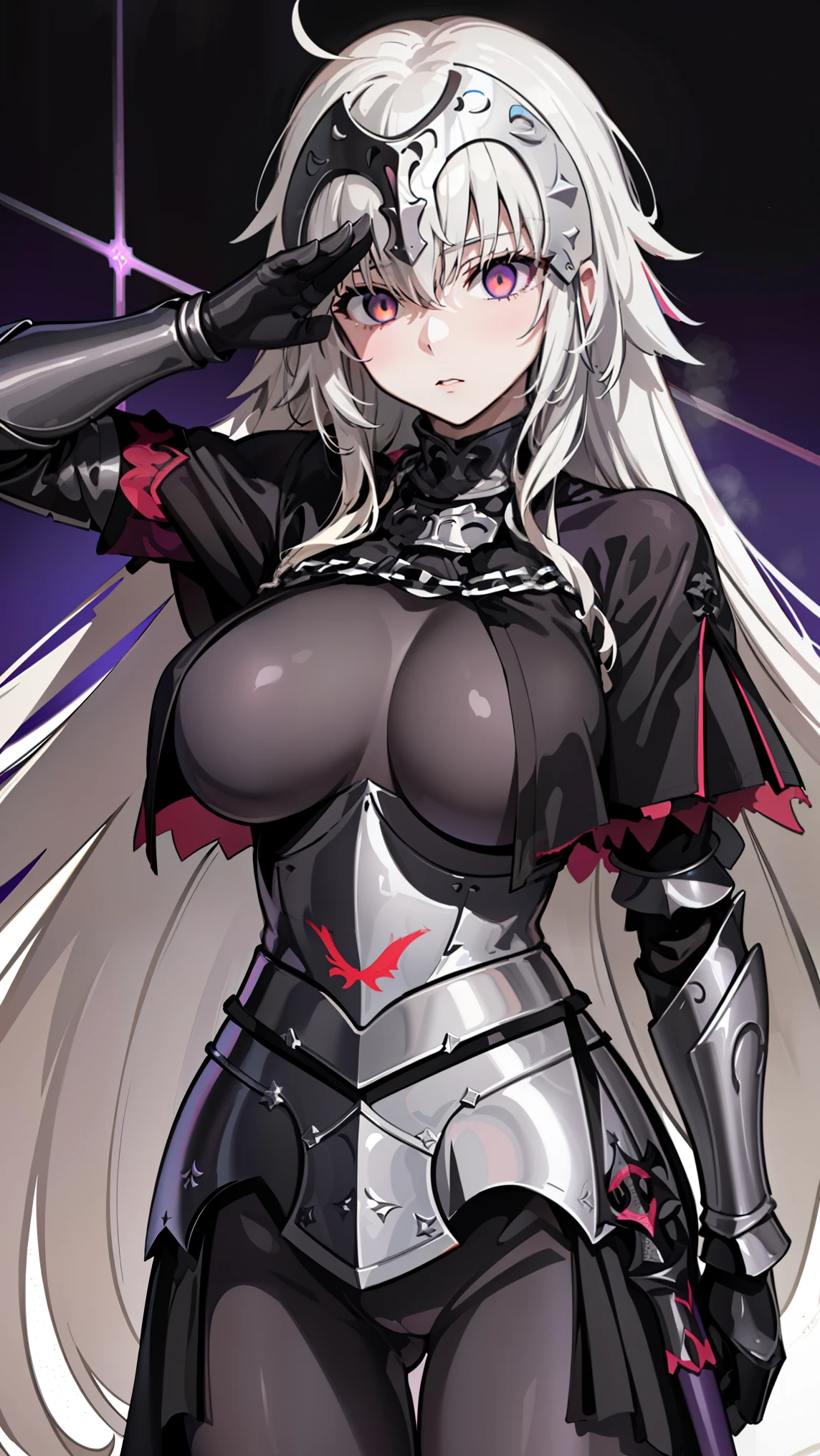 1 girl,NSFW, jeanne d'arc alter (fate), jeanne d'arc alter (avenger) (fate) , clavicle, absurd, brainwashing,Combatant, empty eyes,((purple glowing eyes 1.5)), huge breasts , No expression, emotions removed,(black latex tight bodysuit),look away , whole body shape, ((stand up, salute)),(highest quality、4k、8K、High resolution、must have:1.2)、Super detailed、(reality、that&#39;s realistic、realistic:1.37)、ticker、hyper hd、studio lighting、ultra definition paint、sharp focus、Physically based rendering、extreme details、Professional specifications、vibrancy and color、blurry、sports portrait、landscape、horror style、anime big breasts、SF、photograph、concept artist、five fingers, perfect body,  {{{masterpiece}}}, {{{highest quality}}}, {{Super detailed}}, {shape}, {{very delicate and beautiful}},Improved cost performance、all roles、Canon 5D MK4でphotograph、photograph, 