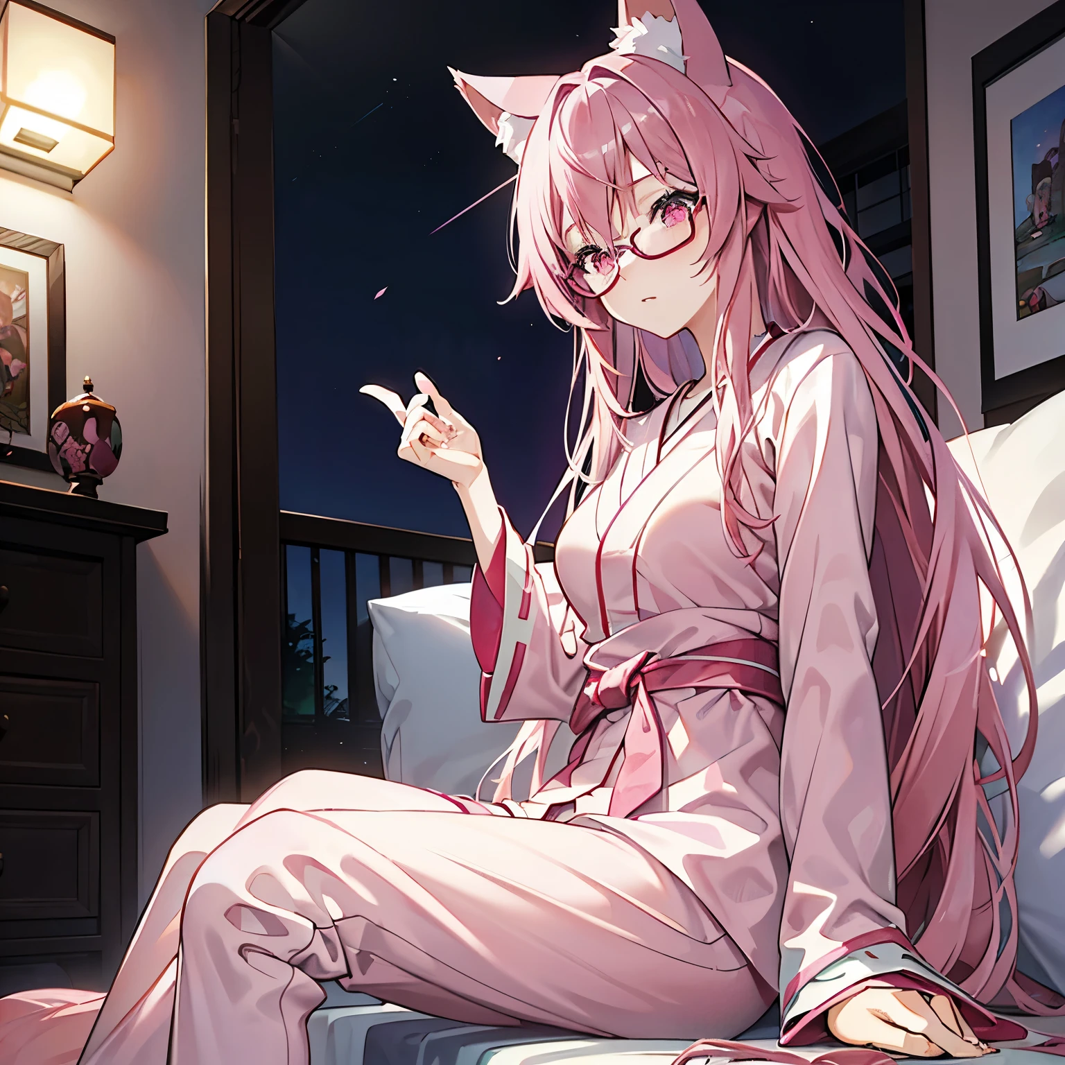 (lush pink hair in front, long pink hair in the back), (pink wolf ears), (pink eyes), (wearing pink pajamas), (wearing glasses), (sitting in the living room), (at night), (Japanese anime style), (CG-grade 4k), (smooth skin), (masterpiece) long hair