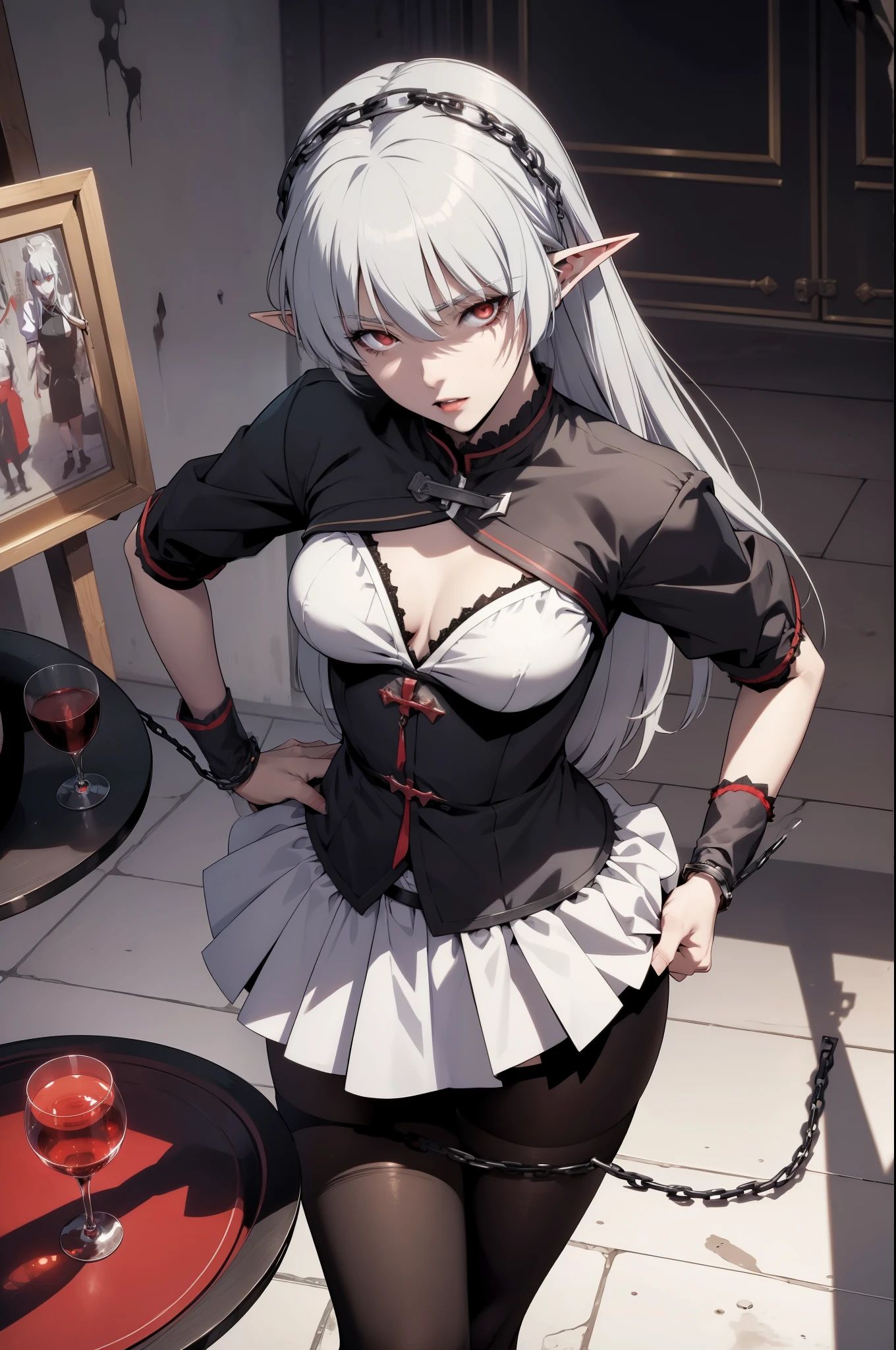 alice,vampire,grey hair, long hair, red eyes, pointy ears, small breasts,((waitress bdsm girl chained tray tray))
