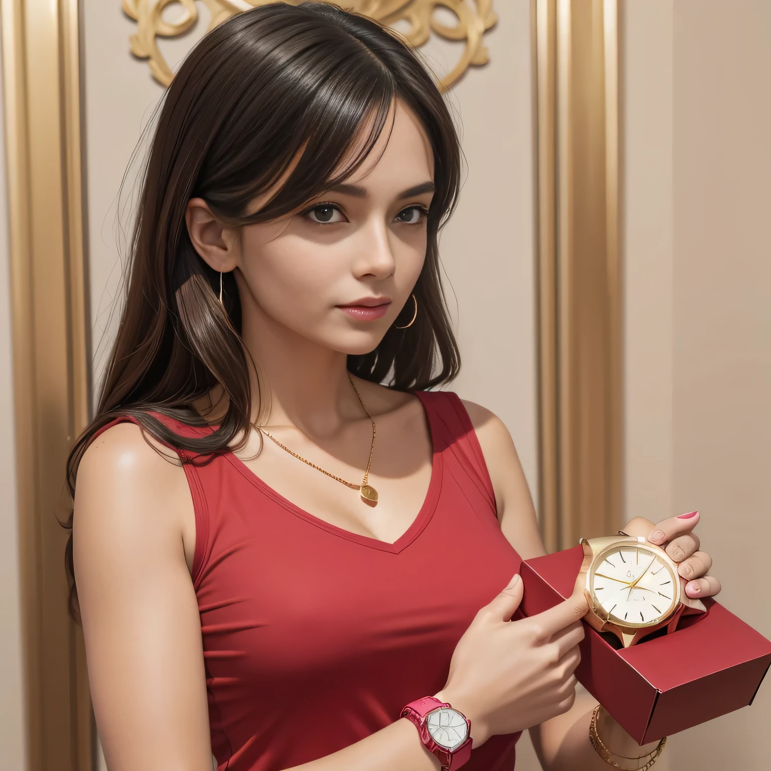 woman in a red shirt holding a pink box with a golden watch. Woman in good physical shape, high resolution, high quality, 8k.