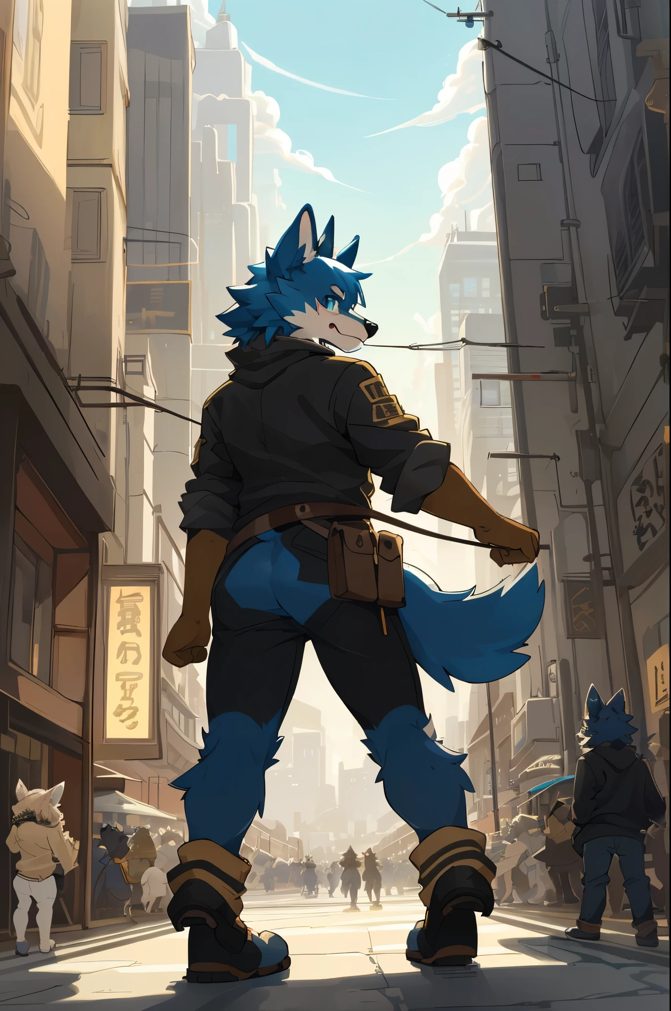 top quality, best quality, High-quality illustrations, masterpiece, super high resolution, detailed background, Crowded cityscape, Crowd(highly detailed beautiful face and eyes)absurdres, perfect anatomy(cute 1girl, warking, back view, kemono)(furry)(furry anthro:1.7)(Furry body, dog facial features, dog body features)(very detailed body fur)full body,