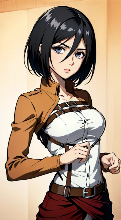 cleavage, 4k image, (masterpiece:1.2, best quality), photorealistic, (hyperrealistic:1.2), beautiful, Mikasa from AOT