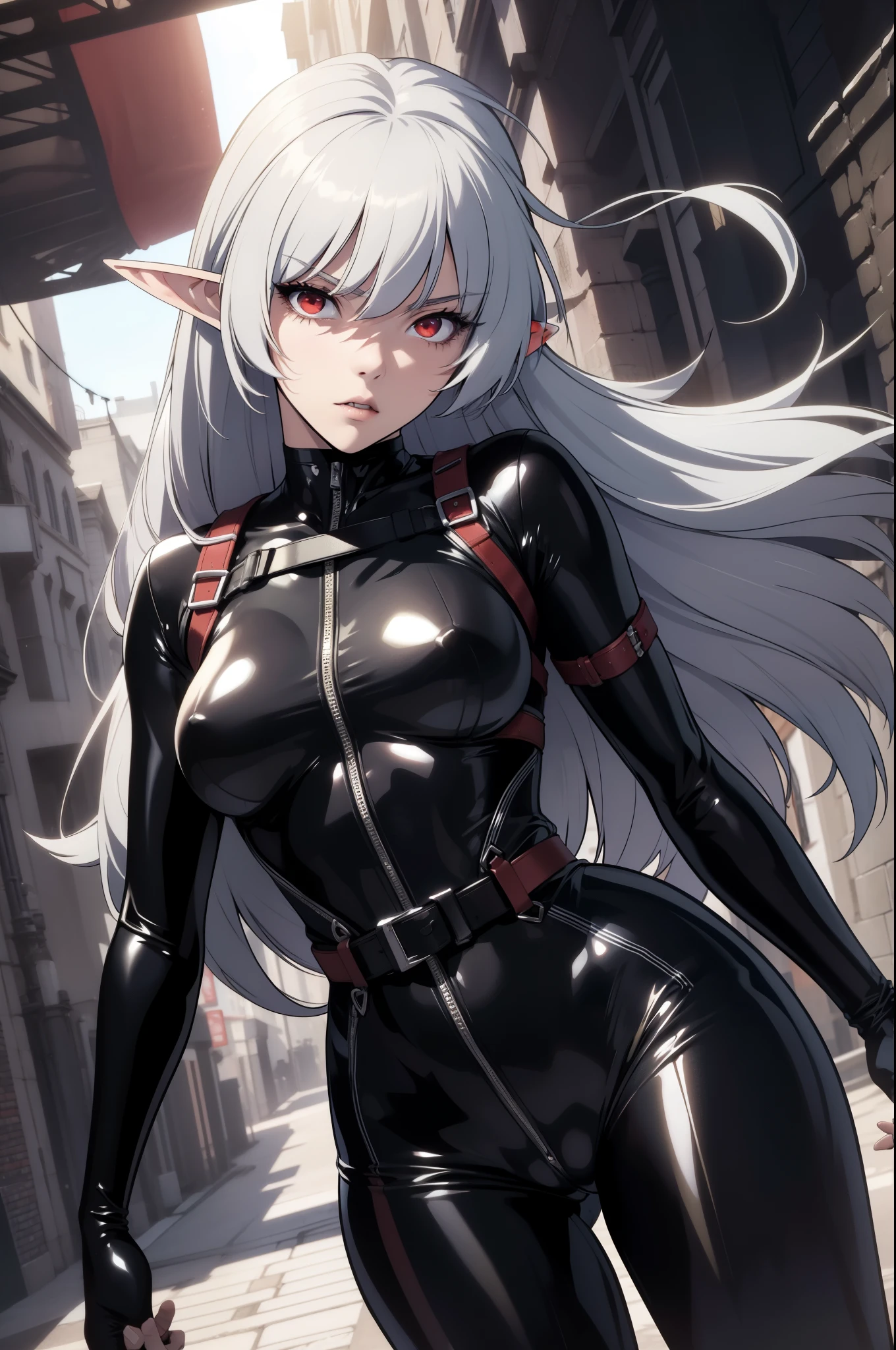 (masterpiece), best quality, expressive eyes, perfect face, anime girl, full-body skin-tight latex catsuit, front facing head-to-thigh view, one picture, dark background, one girl, alone, multi-point full-body harness, realistic harness, perfect harness, high detail harness, white harness, skin-tight harness,alice,vampire,grey hair, long hair, red eyes, pointy ears, small breasts
