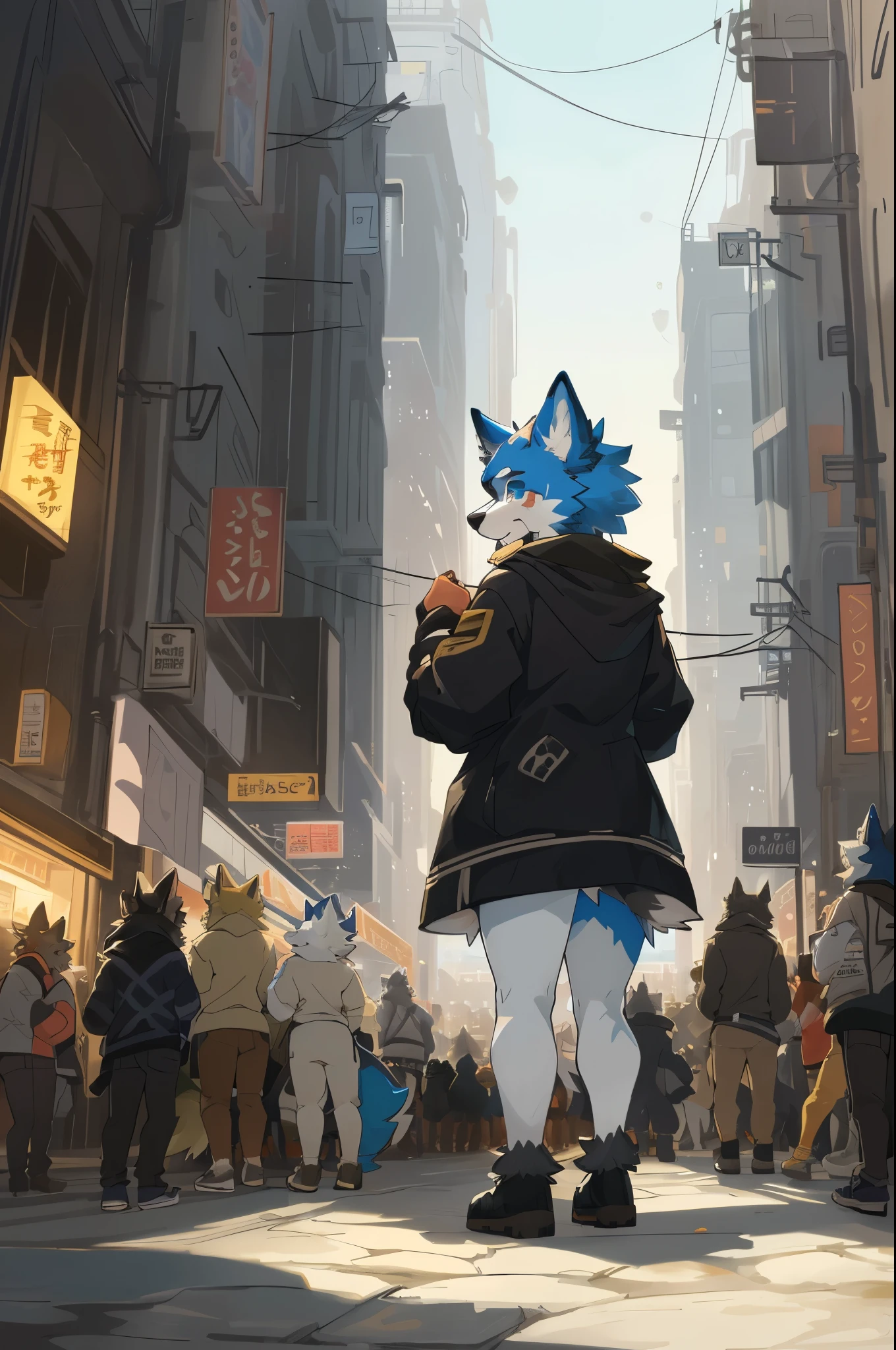 top quality, best quality, High-quality illustrations, masterpiece, super high resolution, detailed background, Crowded cityscape, Crowd(highly detailed beautiful face and eyes)absurdres, perfect anatomy(cute 1girl, warking, back view, kemono)(furry)(furry anthro:1.7)(Furry body, dog facial features, dog body features)(very detailed body fur)full body,