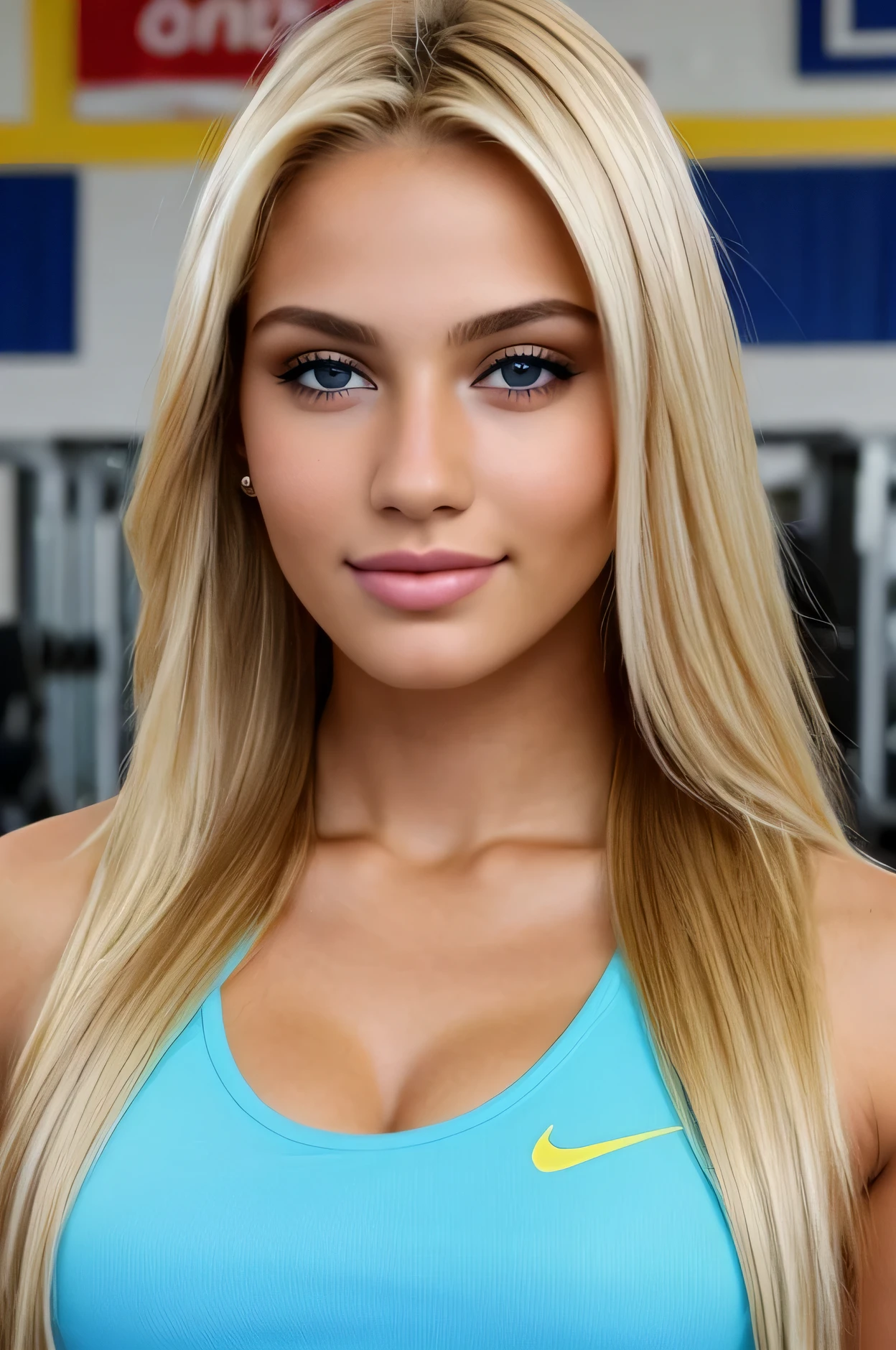 A very beautiful 19 year old woman., rubia, ojos azules, cabello blanco, un cuerpo muy hermoso, contextura delgada, senos medianamente grandes, super realistic photo, detalles muy finos, ultra high definition , foto de cuerpo entero en el gym