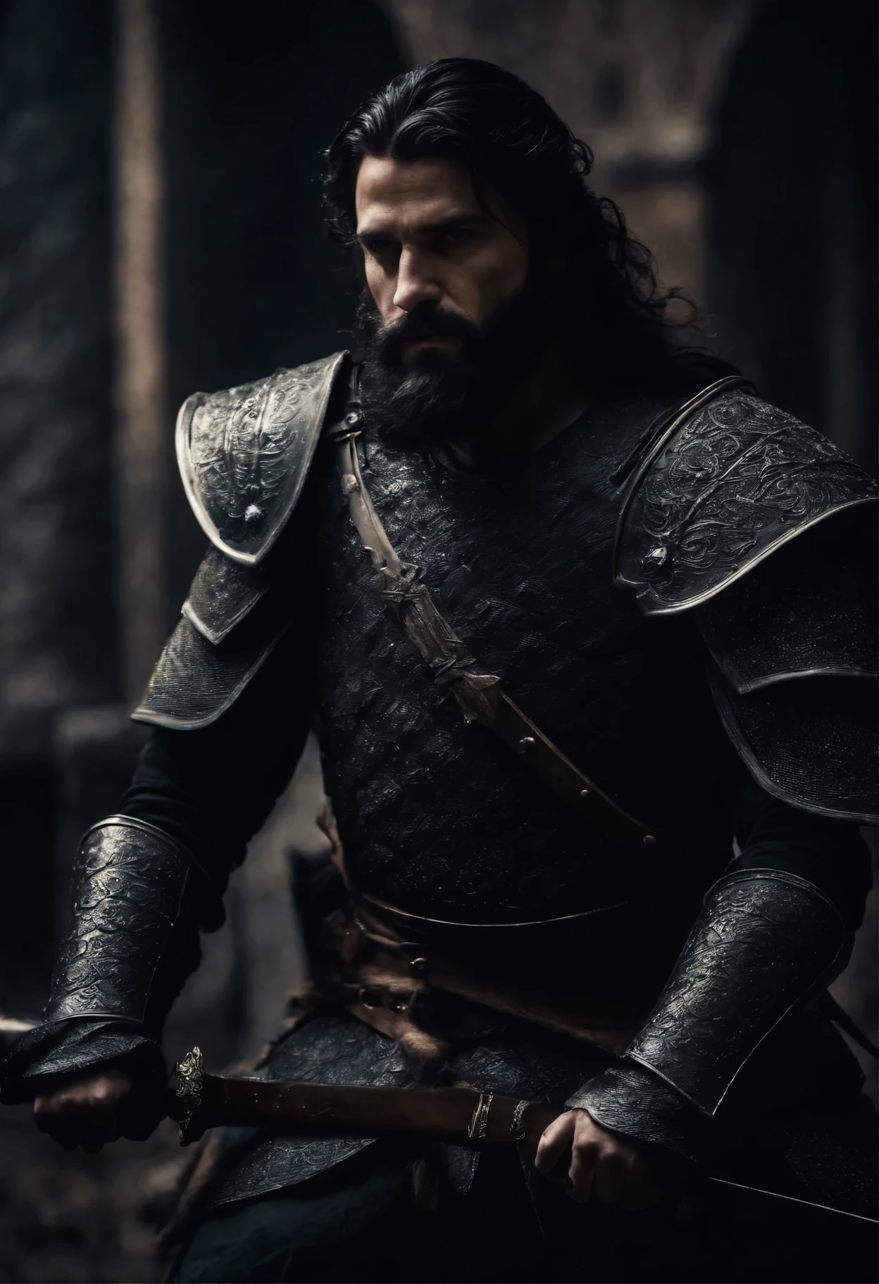 a man, warrior, dirty black hair and beard, dark fantasy, detailed black armor, large sword