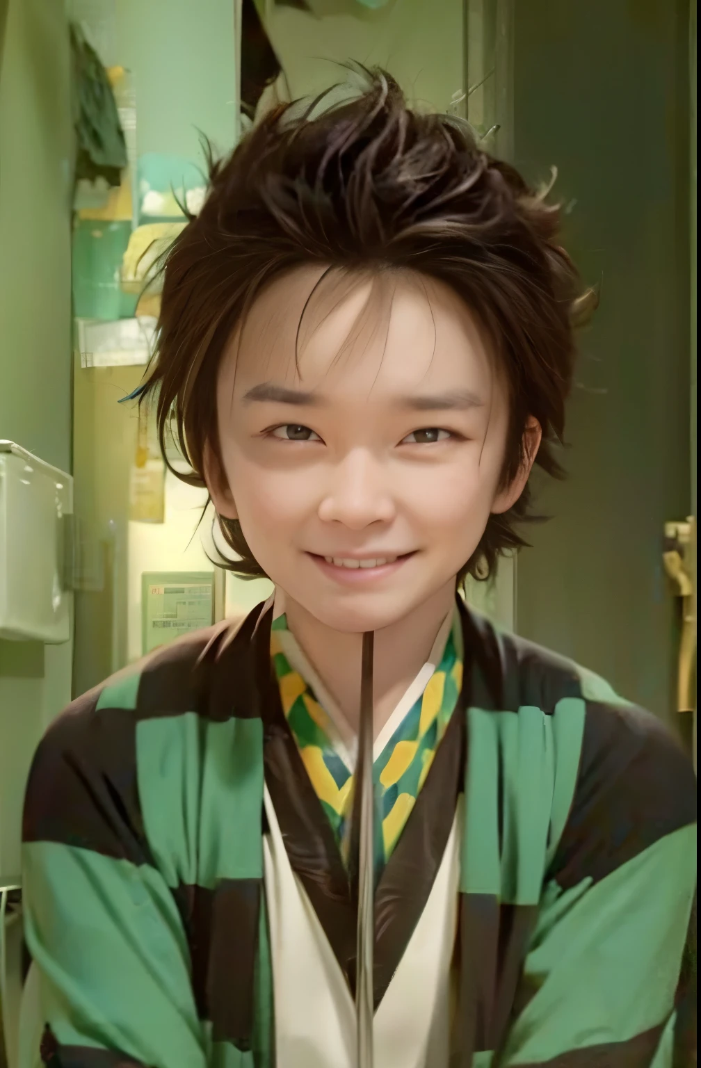 1 male, Anime Demon Slayer: Kimetsu no Yaiba Tanjiro, short hair, brown hair, brown eyes, green clothes, realistic clothes, good looking, background city, realistic, Super detailed, smile、knife
