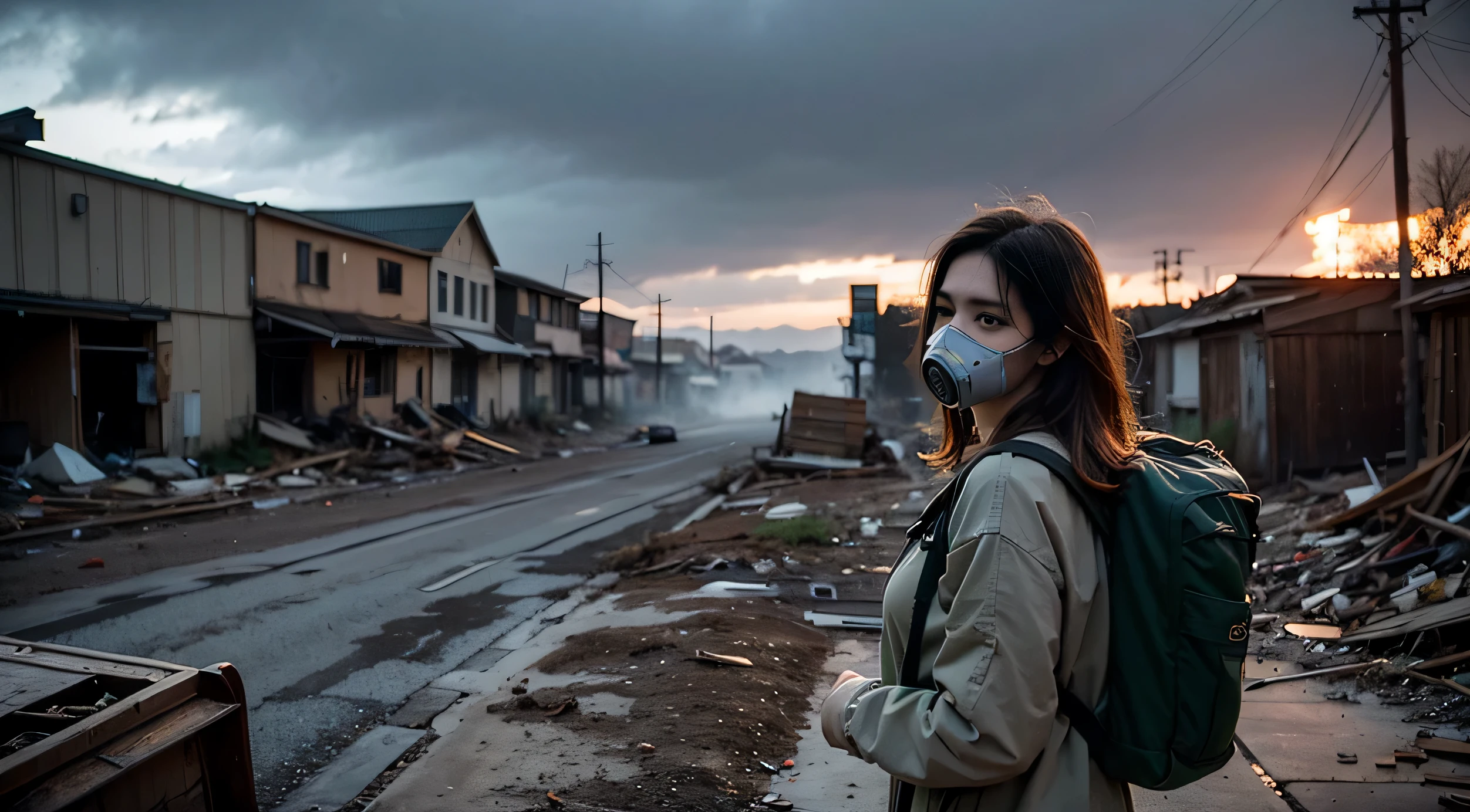 1 25 year old woman, long brown hair bundles, blue eyes, Includes green cargo backpack, brown sweatshirt, wearing a gas mask, Facial expressions, Highly detailed skin texture with surreal cinematic lighting , survival, destruction, 8 thousand, Ultra HD | | | | |, (post apocalypse, post apocalypse_personality)