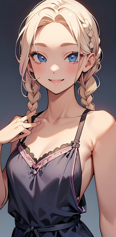Realistic、1house wife、blonde hair、braid、blue eyes、(eye focus:1.3,face focus,upper body),(gradient eyes:1.3),(camisole sexy panties
)、(happy smile:1.3),single braid,cute face、(tareme:1.3),(small breasts:1.3),