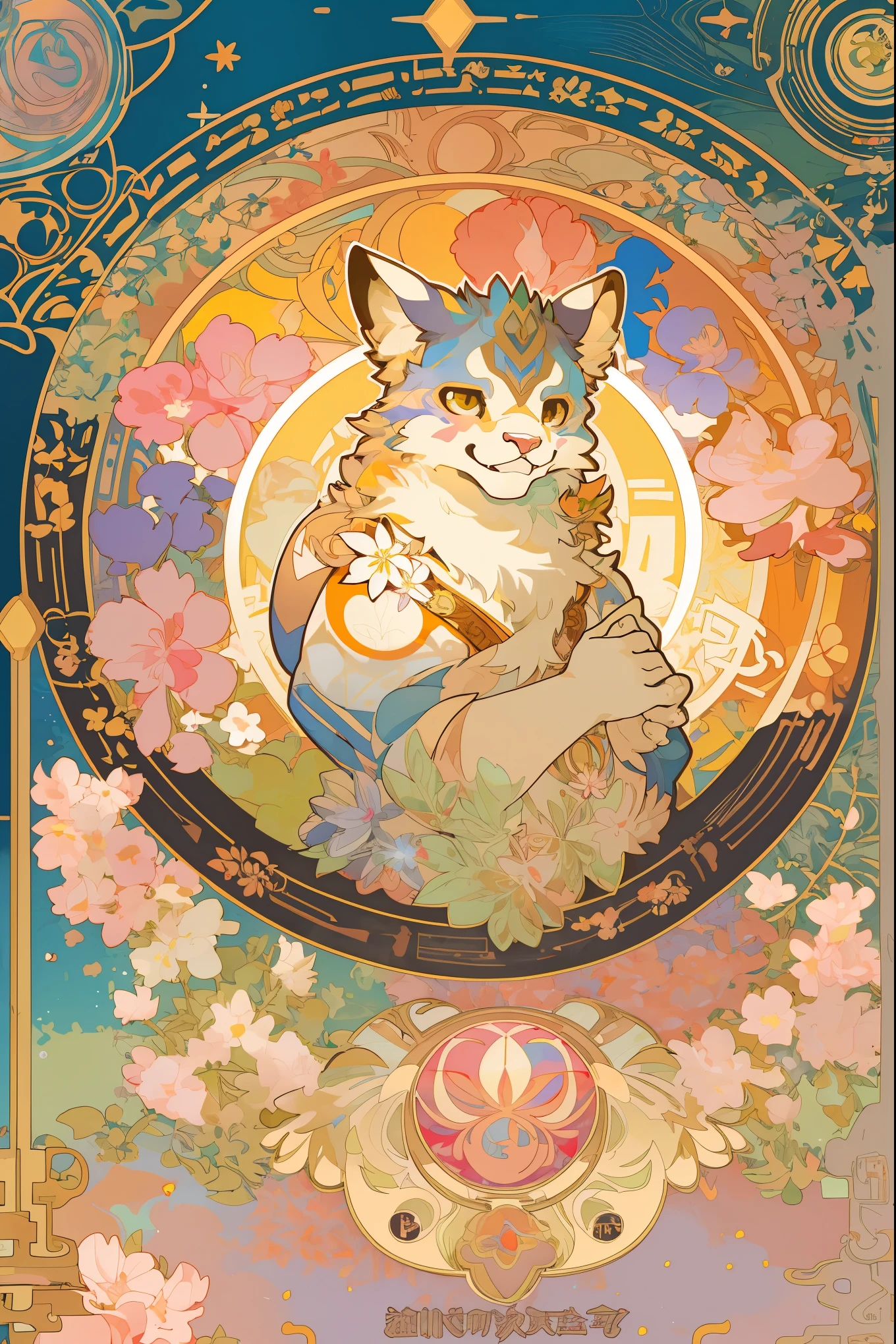 top quality, best quality, kaleidoscope, rzminjourney, vector-art, High-quality illustrations by Alfons Mucha, masterpiece(kemono, furry anthro)logo mark, round, colorful flower,