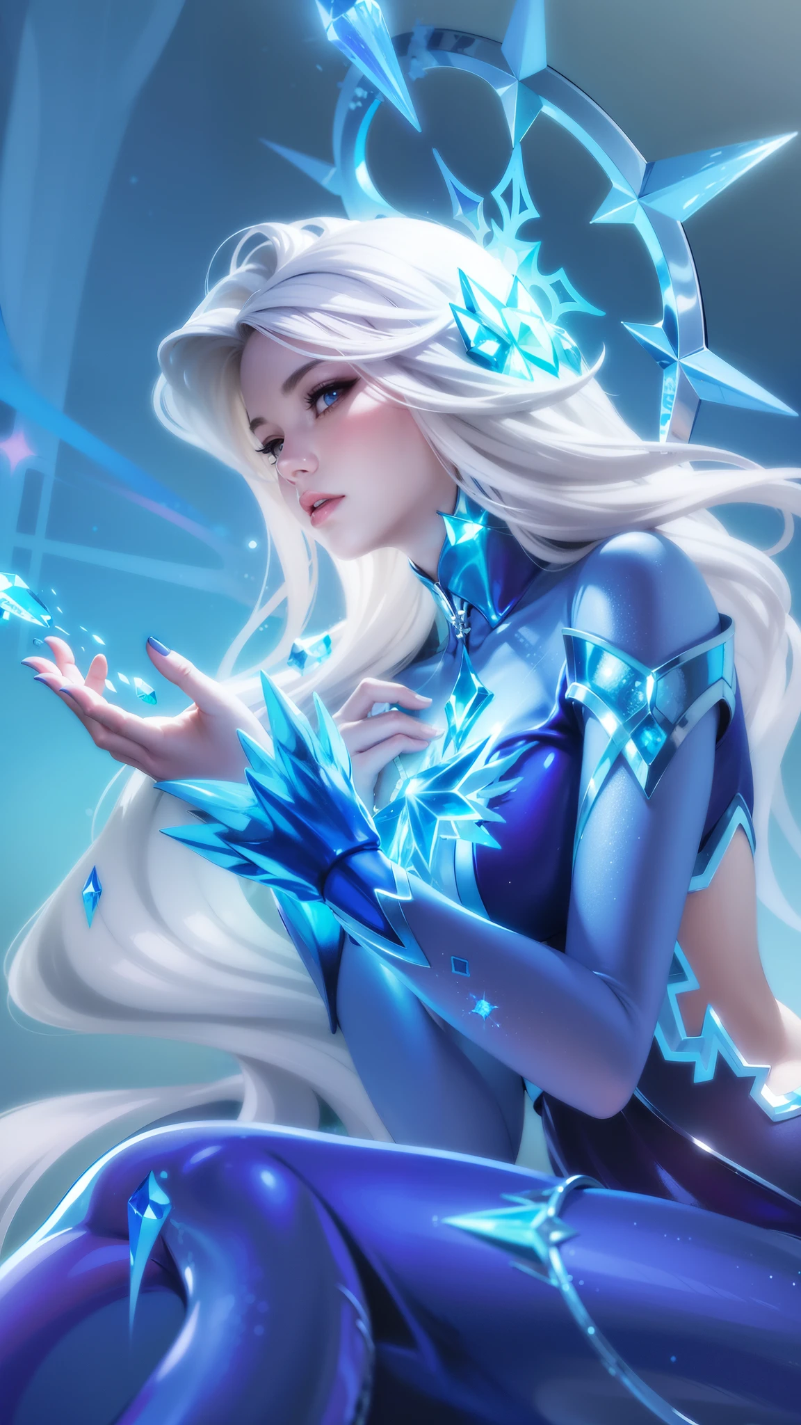 (8k, RAW photo, photorealistic:1.25) , woman - style illustration of a woman dressed in blue sitting on a ledge, ice sorceress, queen of ice and storm, ice mage, crystalline skin, ice queen, ig model | artgerm, ice spell, beautiful celestial mage, beautiful ancient frost witch, extremely detailed artgerm, crystal maiden, elsa, ! dream artgerm, icey