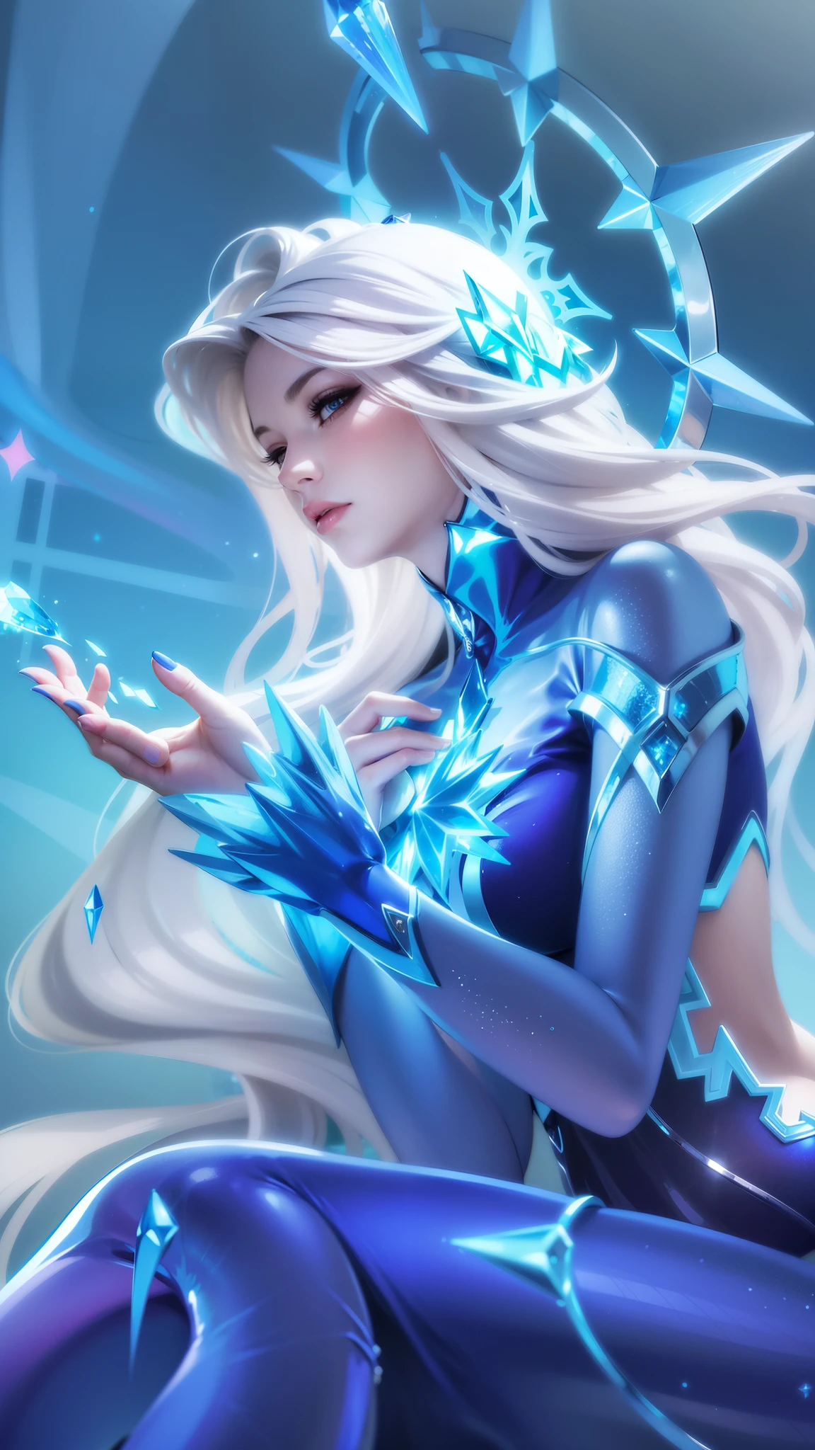 (8k, RAW photo, photorealistic:1.25) , woman - style illustration of a woman dressed in blue sitting on a ledge, ice sorceress, queen of ice and storm, ice mage, crystalline skin, ice queen, ig model | artgerm, ice spell, beautiful celestial mage, beautiful ancient frost witch, extremely detailed artgerm, crystal maiden, elsa, ! dream artgerm, icey