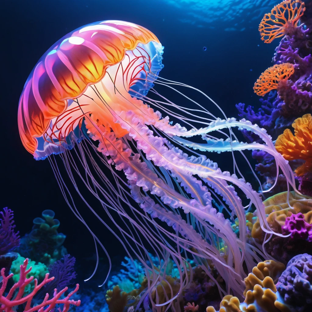 luminous object, aesthetic, extremely detailed, "PATCHWORK EMBROIDERY": UV BLACK LIGHT LINE ART PAINTING OF A BEAUTIFUL TRANSLUCENT JELLYFISH under the sea, marine fishe, colorful corals, by WETA FX and industrial light and magic, intricate elaborate RTX enhanced CGI render inspired by yayoi Kusama, pastel, intricate details, HDR, beautifully shot, hyperrealistic, sharp focus,  megapixels, perfect composition, high contrast, cinematic, atmospheric, moody