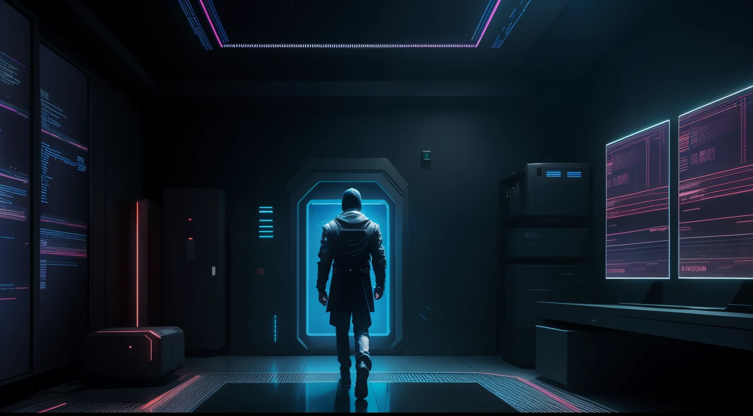 A lone hacker, immersed in a dark room full of Brilhante computer screens and floating holograms., cyberpunk aesthetic, action movie shot by Kon Satoshi, Estilo semi impasto, pintura fosca, atmospheric, Brilhante, dramatic lighting, game zumbi