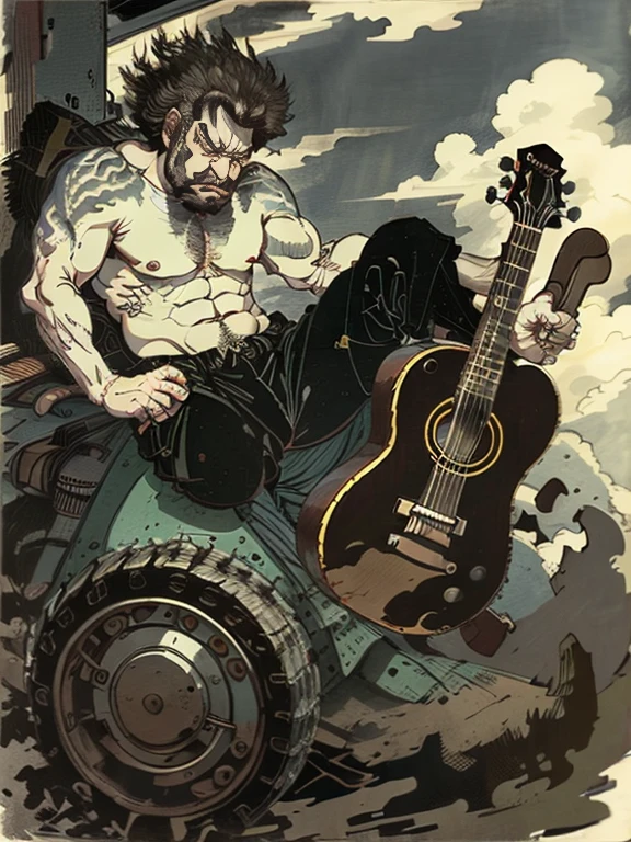 A shaved man plays a black acoustic guitar shirtless，gray hair，Floating world style，KHD，simple background，（angry look），master piece，KHD、riding on the truck