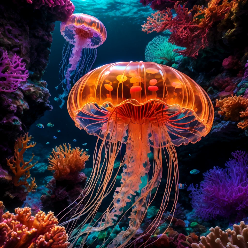 luminous object, aesthetic, extremely detailed, "PATCHWORK EMBROIDERY": UV BLACK LIGHT LINE ART PAINTING OF A BEAUTIFUL TRANSLUCENT JELLYFISH under the sea, marine fishe, colorful corals, by WETA FX and industrial light and magic, intricate elaborate RTX enhanced CGI render inspired by yayoi Kusama, pastel, intricate details, HDR, beautifully shot, hyperrealistic, sharp focus,  megapixels, perfect composition, high contrast, cinematic, atmospheric, moody