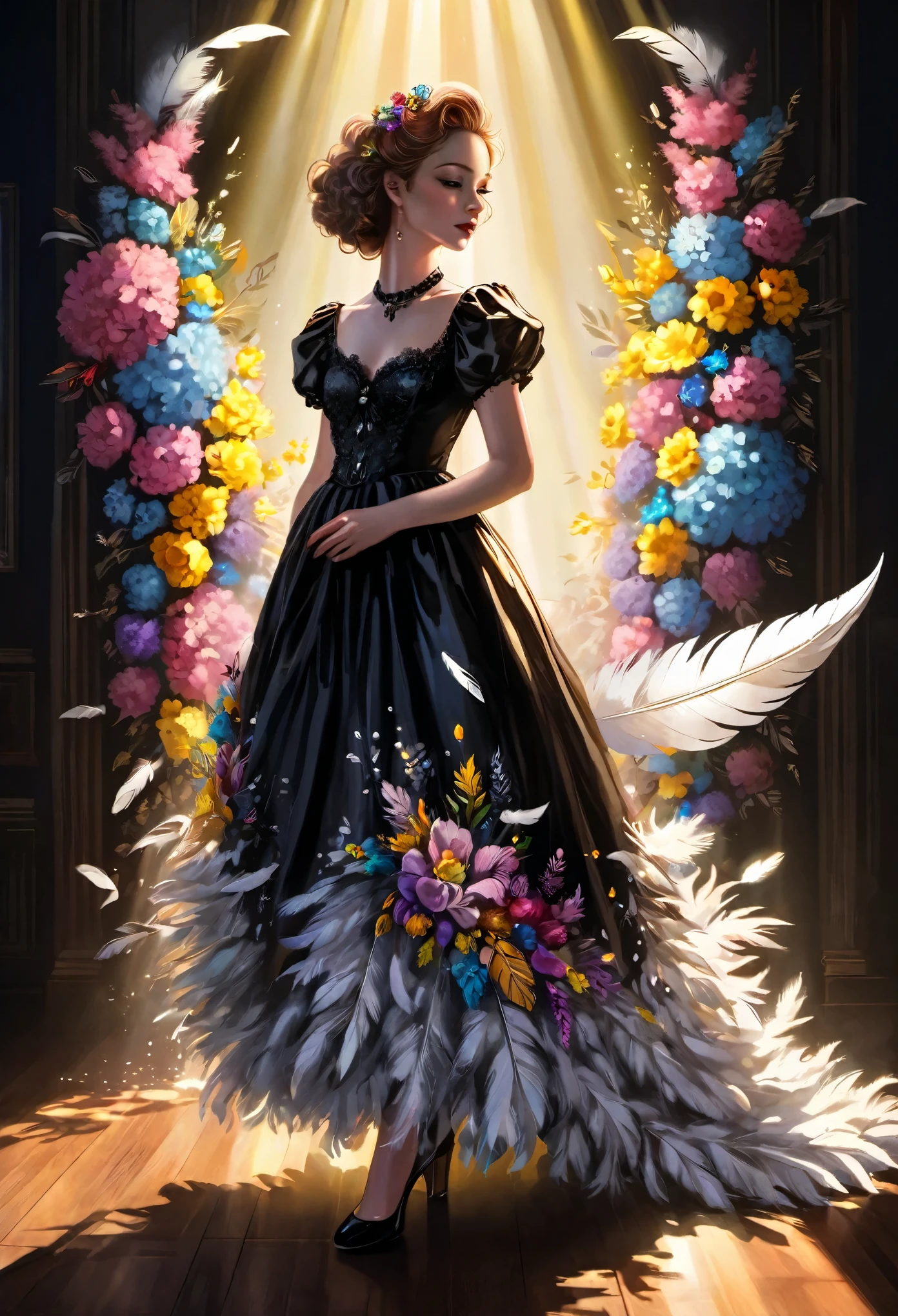 illustration,painting,acrylic painting,victorian art style,genius girl,Beautiful dress made of flowers,full body portrait,Focus on falling feathers,spotlight effect,rim light,Glowing special effects,Colorful and bright,high saturation,high contrast,black background,Super fine,Super realistic,Real light and shadow contrast,Realistic ray tracing,True light falloff,True light reflection,anti-aesthetic style,Poodlepunk,Snapshot aesthetic style