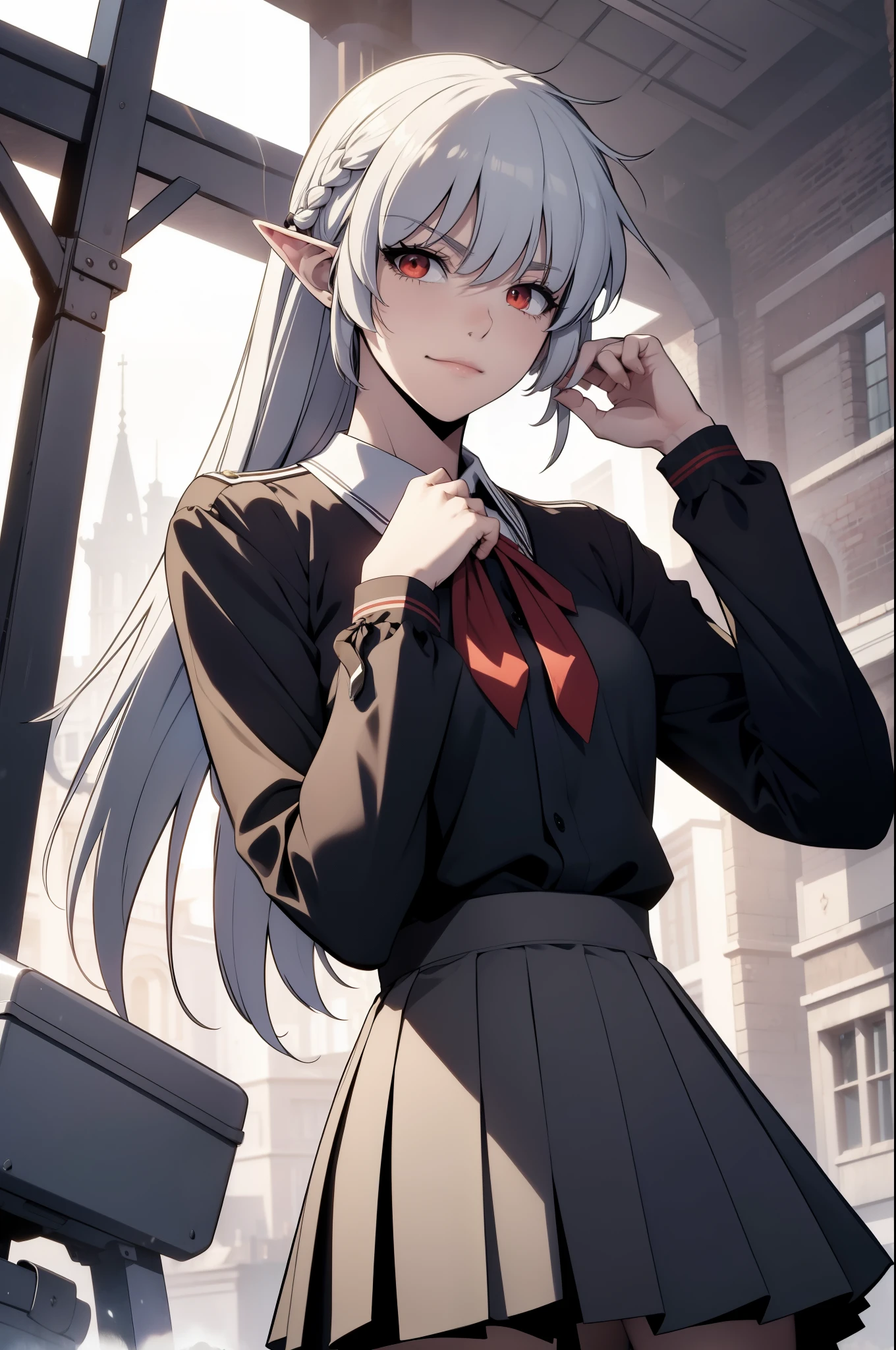 alice,vampire,grey hair, long hair, red eyes, pointy ears, small breasts,1girl, solo, masterpiece, best quality, very aesthetic, outdoors, black skirt, , braid, braided ponytail, closed mouth, collared shirt, cowboy shot, dutch angle, from below, green ribbon, hair over one eye, hair over shoulder, hand up, long hair, long sleeves, looking down, neckerchief, own hands together, ponytail, ribbon, school bag, , skirt, smile, standing, swept bangs, v-shaped eyebrows,
