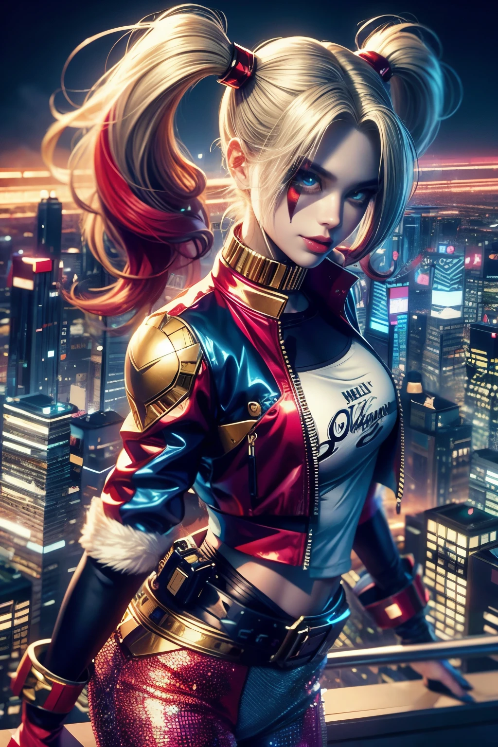 (high quality), (masterpiece), (detailed), 8K In a hyper-realistic digital rendering, a lone (Japanese girl1.2) stands amidst a futuristic cityscape, embodying the essence of (Harley Quinn1.3). Her vibrant attire clashes with the sleek, metallic surroundings, evoking a sense of rebellious energy. Trending on DeviantArt.