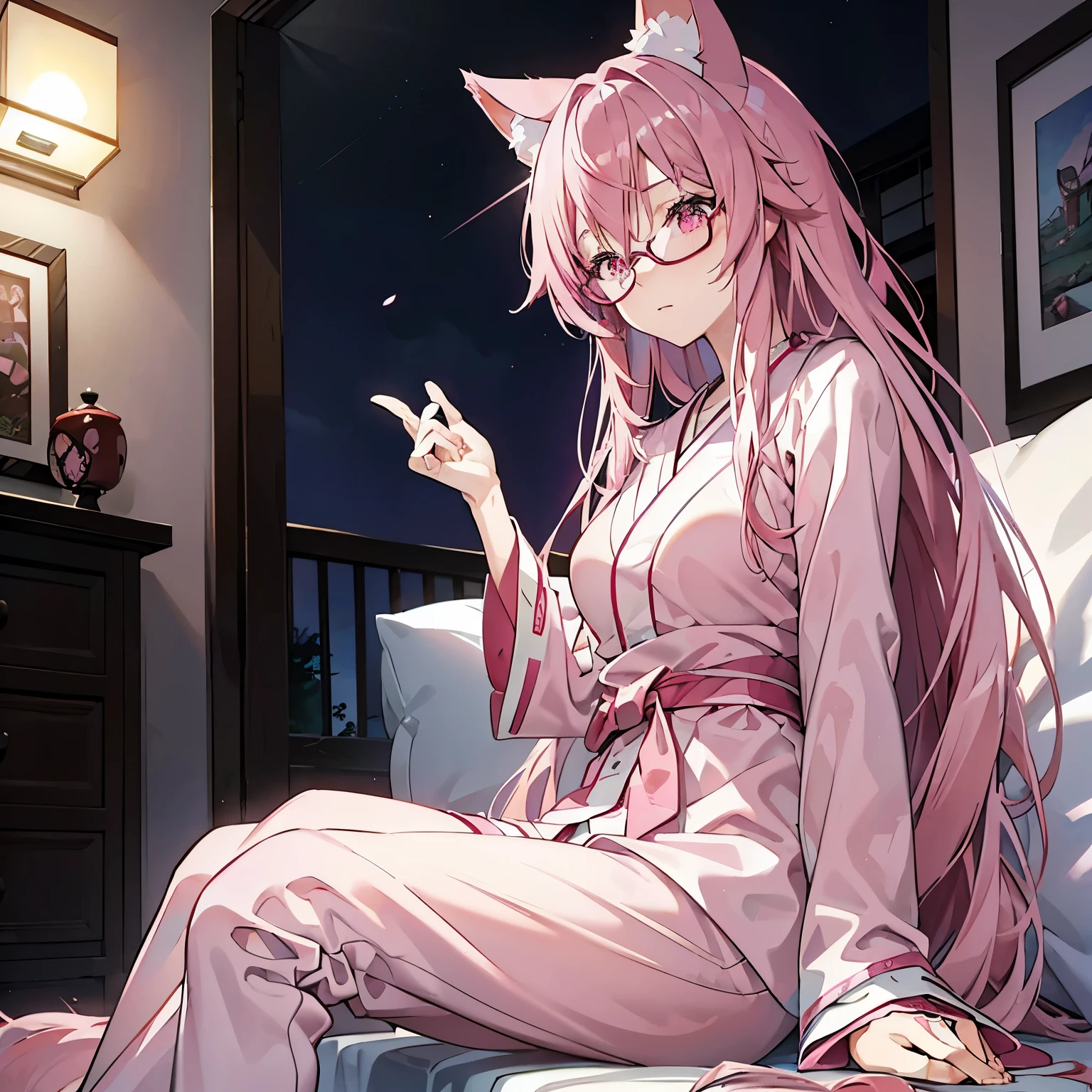 (lush pink hair in front, long pink hair in the back), (pink wolf ears), (pink eyes), (wearing pink pajamas), (wearing glasses), (sitting in the living room), (at night), (Japanese anime style), (CG-grade 4k), (smooth skin), (masterpiece) long hair,gentle expression