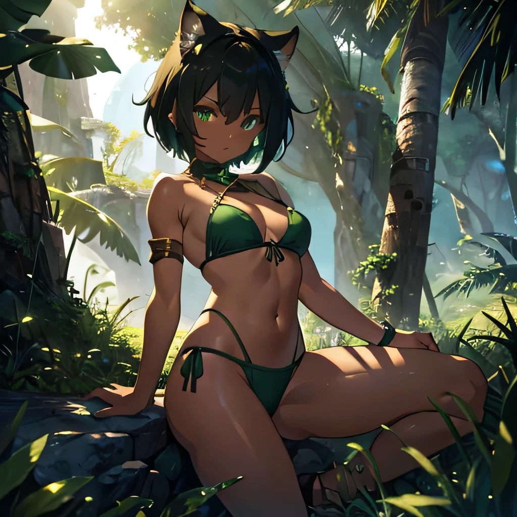 fantasy, green bikini armor, short dark hair, feral, flat, dark-skinned, curious