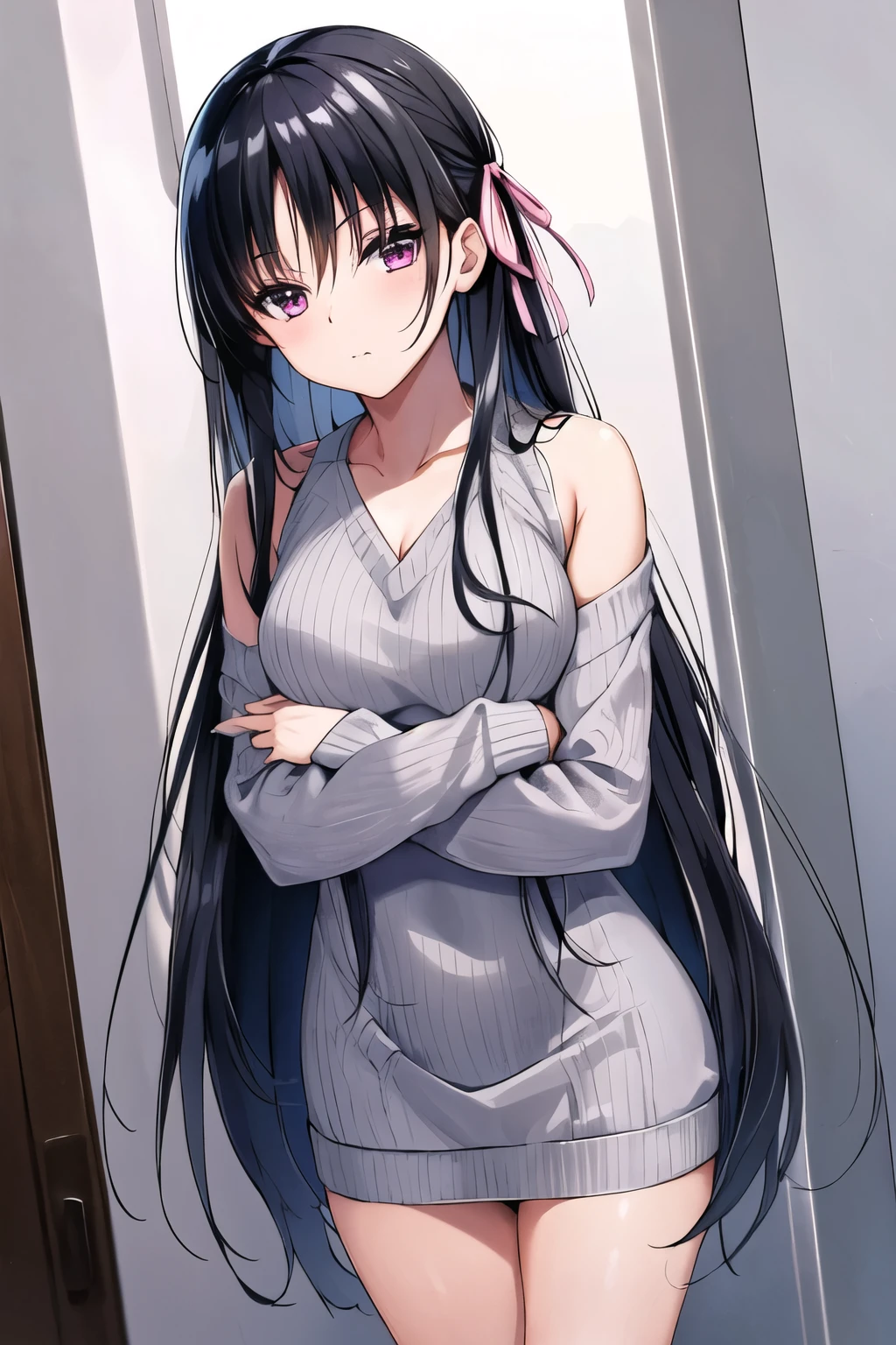 masterpiece, highest quality, High resolution, Azune, long hair, black hair, (single edge:1.2), hair ribbon,pink eyes,gray knit sweater dress,V-neck,long sleeve bodycon dress,Moe sleeves,arms folded,from the front