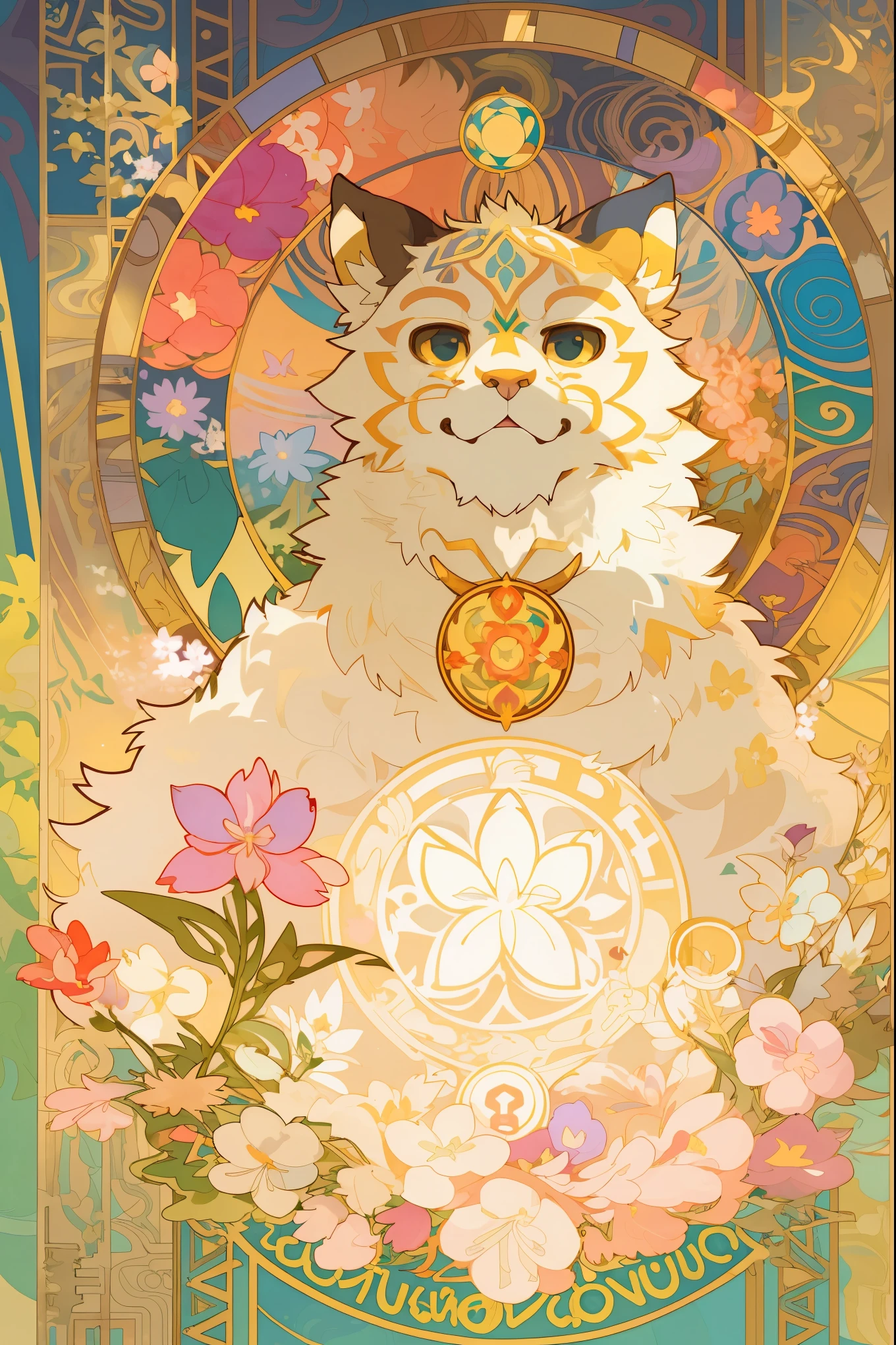 top quality, best quality, kaleidoscope, rzminjourney, vector-art, High-quality illustrations by Alfons Mucha, masterpiece(kemono, furry anthro)logo mark, round, colorful flower,