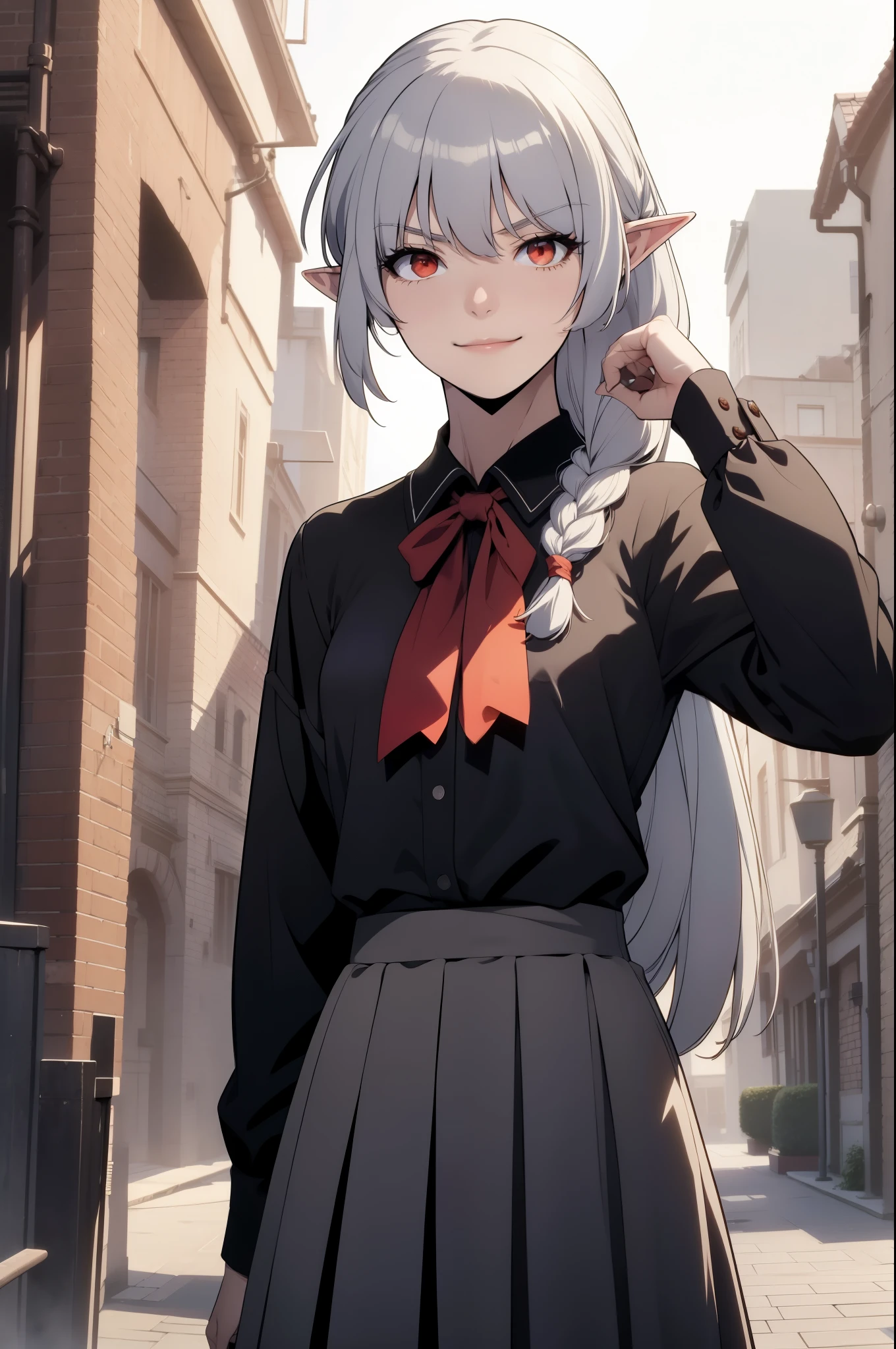 alice,vampire,grey hair, long hair, red eyes, pointy ears, small breasts,1girl, solo, masterpiece, best quality, very aesthetic, outdoors, black skirt, , braid, braided ponytail, closed mouth, collared shirt, cowboy shot, dutch angle, from below, green ribbon, hair over one eye, hair over shoulder, hand up, long hair, long sleeves, looking down, neckerchief, own hands together, ponytail, ribbon, school bag, , skirt, smile, standing, swept bangs, v-shaped eyebrows,