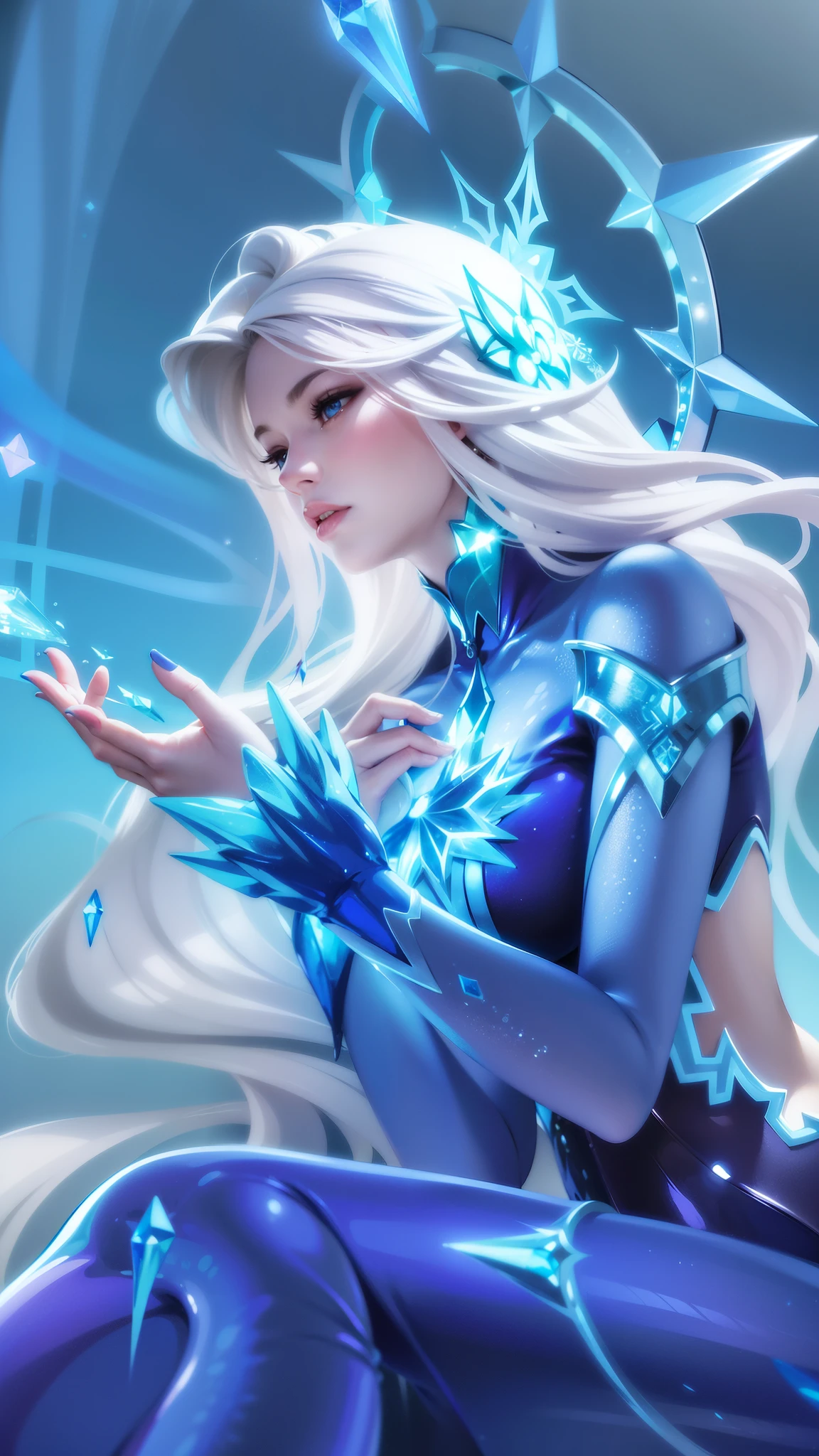 (8k, RAW photo, photorealistic:1.25) , woman - style illustration of a woman dressed in blue sitting on a ledge, ice sorceress, queen of ice and storm, ice mage, crystalline skin, ice queen, ig model | artgerm, ice spell, beautiful celestial mage, beautiful ancient frost witch, extremely detailed artgerm, crystal maiden, elsa, ! dream artgerm, icey