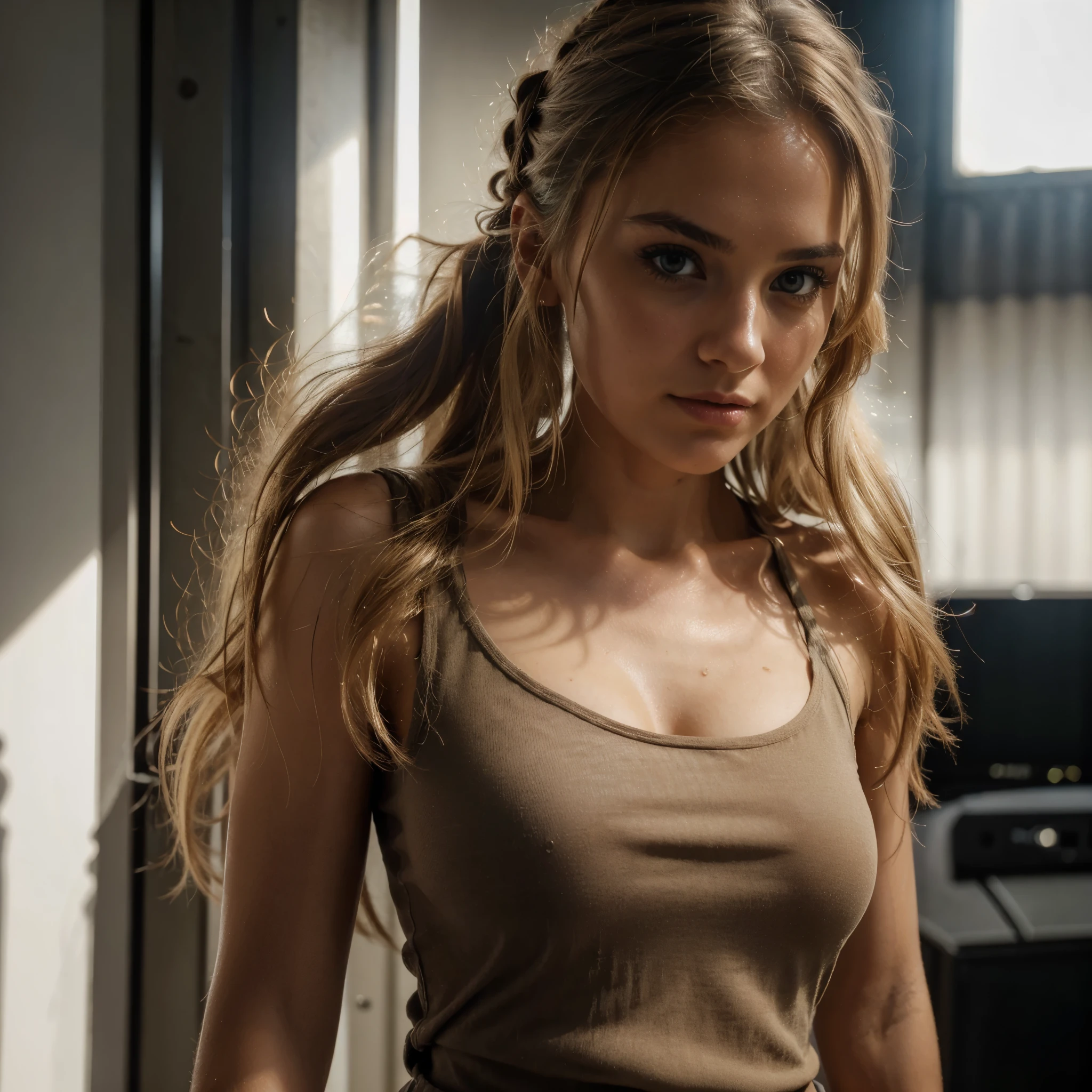 1 girl, beautiful italian with blonde hair using black tank top , detail face, she have a very bright eyes, realistic face, detail face, realistic skin, skin pore, vibrant, dramatic lighting, 8k resolution picture, high detail on the photo, very realistic picture, dramatic lighting, fullbody, depth, shadow, dramatic shadow, one of a kind photo, sharp photo, sharpness on the detail, looking at the camera, half body view, (((Best Quality, masutepiece: 1.3)), long hair, ultra high res. photorealistic:.1.4, garage background, cinematic lighting, bloom, film grain, Fujicolor, high quality, masterpiece, 8K, UHD, UHD, retina, textured skin, super detail, high details, highres, 16k resolution, award winning, high quality, high details, super detail, messy bun hair, 45 years old