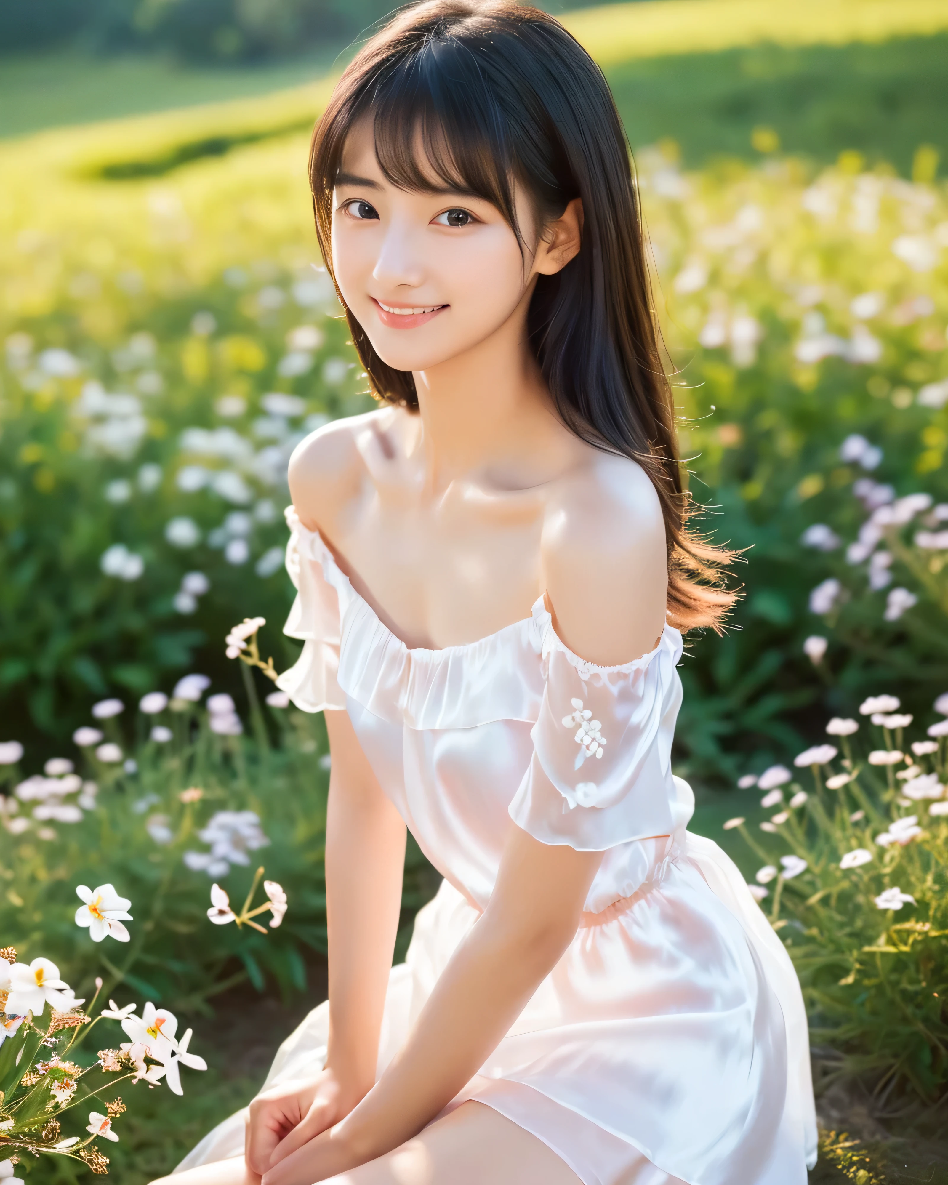 ((highest quality, 32k, High resolution, masterpiece:1.5, ), A happy landscape that gives you a sense of warmth, Japanese very cute and beautiful girl, 13 years old, (Happy), glossy black hair, Glossy super long smooth hair, beautiful bangs, hair between eyes, Beautiful eyes like jewels, obviously double, Beautiful lips of pale pink, gentle smile, (white silk dress), off shoulder, mini skirt, Detailed and perfect clavicle, High resolutionの美しい胸元, High resolutionの美しい太もも, Absolute area, beautiful feet, sitting, cowboy shot, Beautiful countryside, grassland, top of the hill, colorful small flowers, soft sunlight, Blowing in the wind of fluttering hair, beautiful detailed sky, professional photographer, professional lighting, professional model