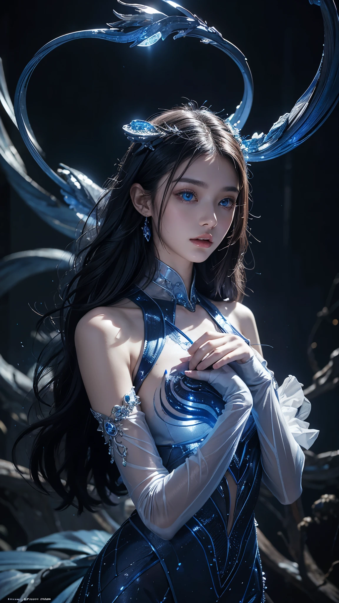 Full figure, seven -clinging shooting, 18 years old, wearing transparent science fiction clothes, exquisite faces, details, hands, ultimate details, amazing magnificence, LED internal lighting, Pedaipan style, fiber hair, glowing blue iris, glowing blue iris. ,,